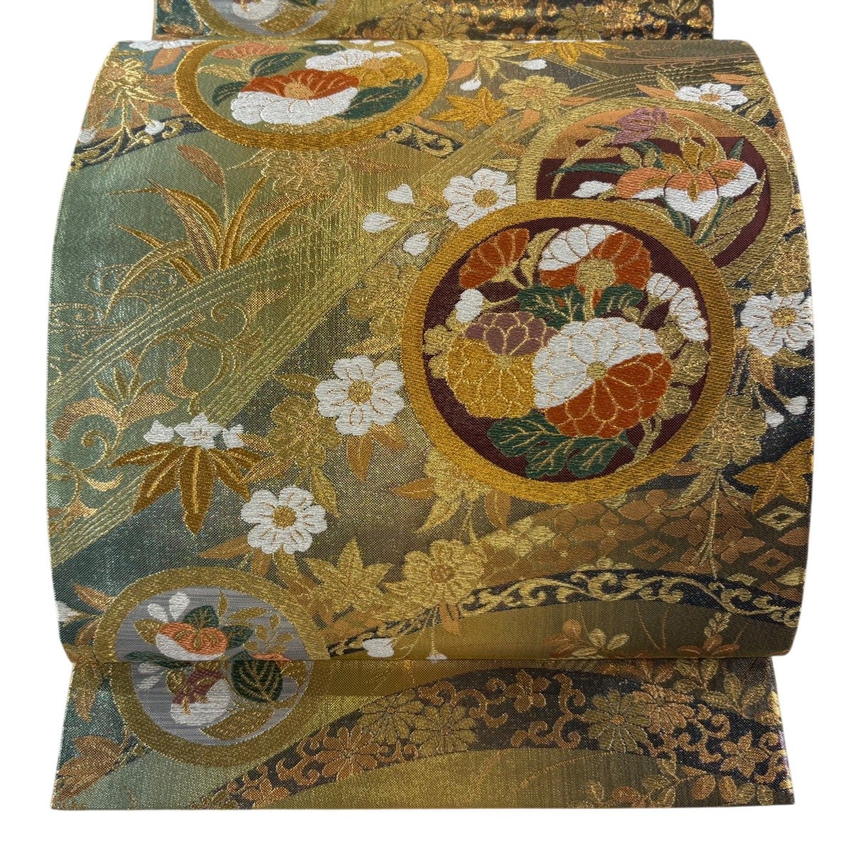 美品】 袋帯 秀品 椿 流水 箔 金銀糸 緑 六通 正絹｜中古・古着
