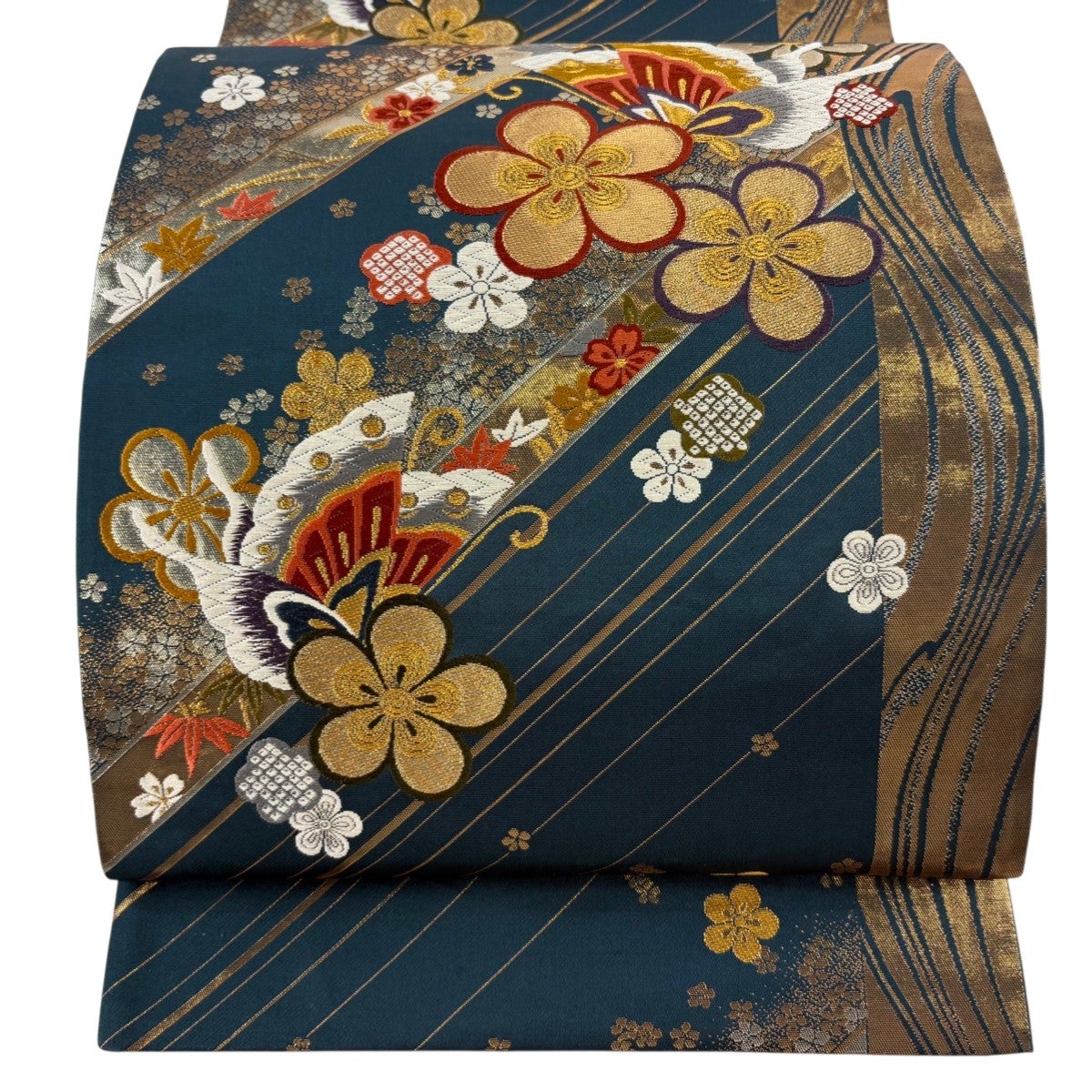 美品】 袋帯 秀品 関西仕立て 蜀甲更紗華文 箔 深緑 六通 正絹｜中古