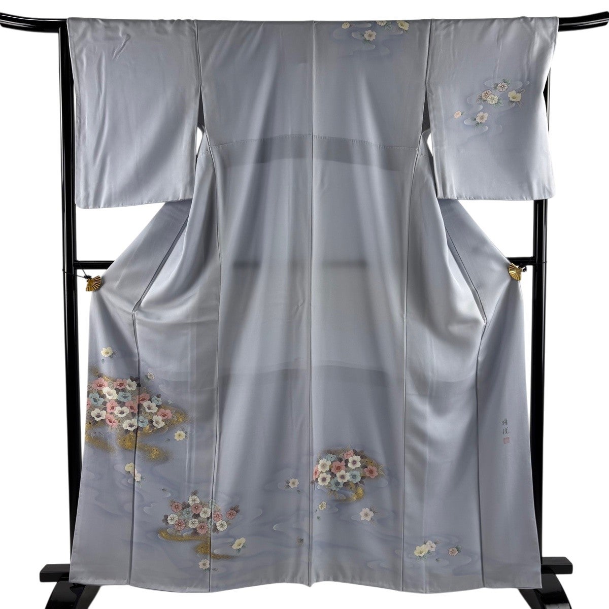 訪問着 身丈162.5cm 裄丈67.5cm L 袷 落款あり 草花 霞 金彩 ぼかし