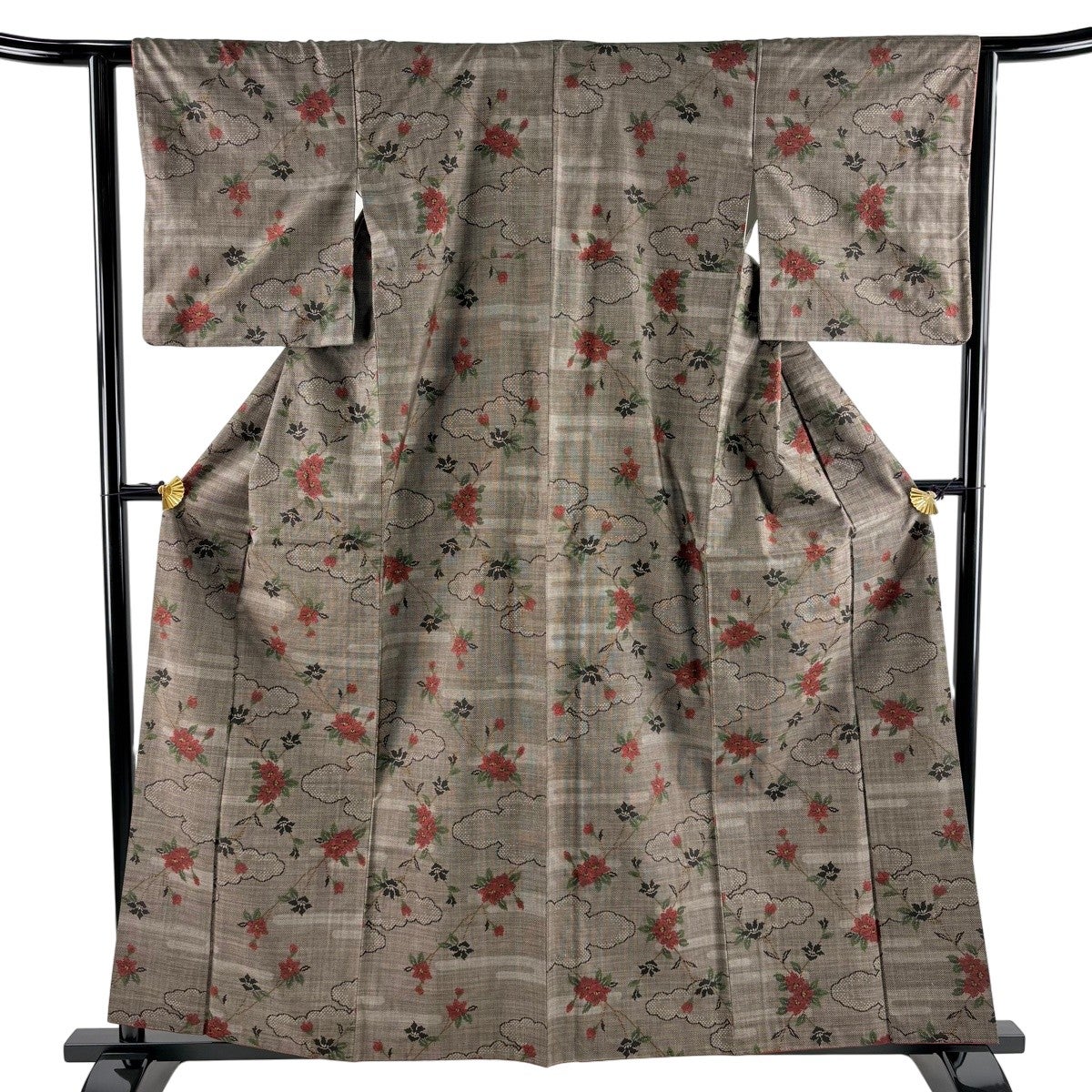 紬 身丈159cm 裄丈63cm S 袷 雲文 家屋 灰紫 正絹 秀品｜中古・古着