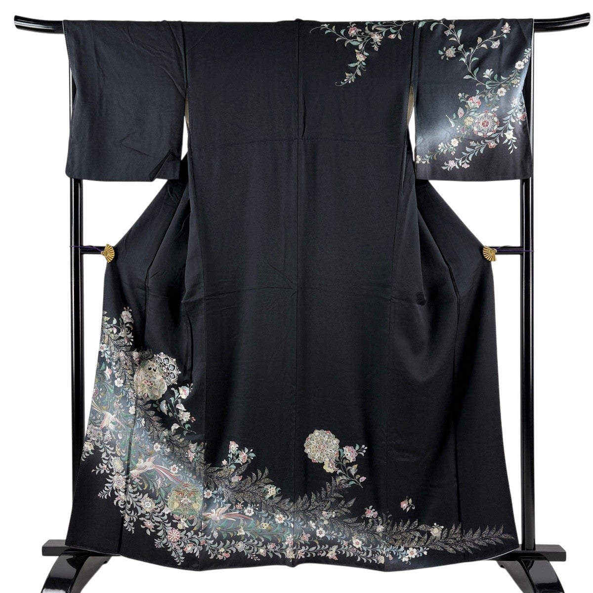 着用少ない！美品＊単衣＊アートモダン＊鳥柄＊訪問着＊１６２ｃｍ＊裄６６ 訪問着 身丈160.5cm 裄丈67cm M 袷 華文 向かい鳥 金銀彩 ぼかし 黒