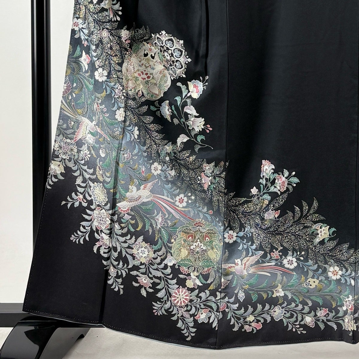 訪問着 身丈160.5cm 裄丈67cm M 袷 華文 向かい鳥 金銀彩 ぼかし 黒