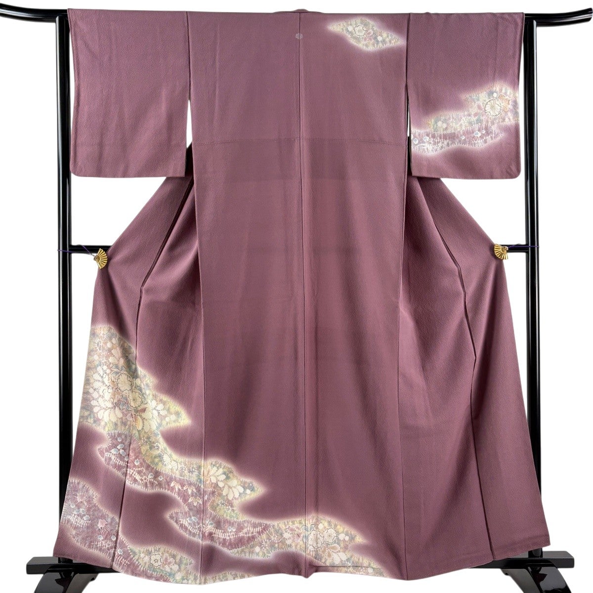 訪問着 身丈159cm 裄丈63cm S 袷 草花 流水 絞り ぼかし 紫 正絹 秀品