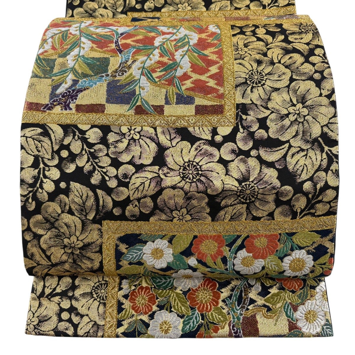 美品】 袋帯 秀品 草花 葉柄 箔 金糸 紺色 六通 正絹｜中古・古着 