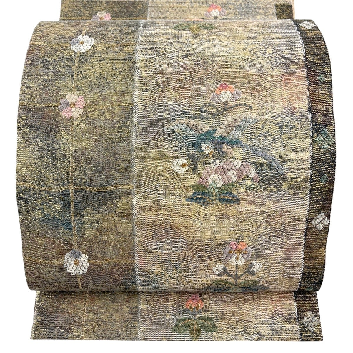 美品】 袋帯 秀品 草花 金銀糸 箔 金色 お太鼓柄 正絹｜中古・古着