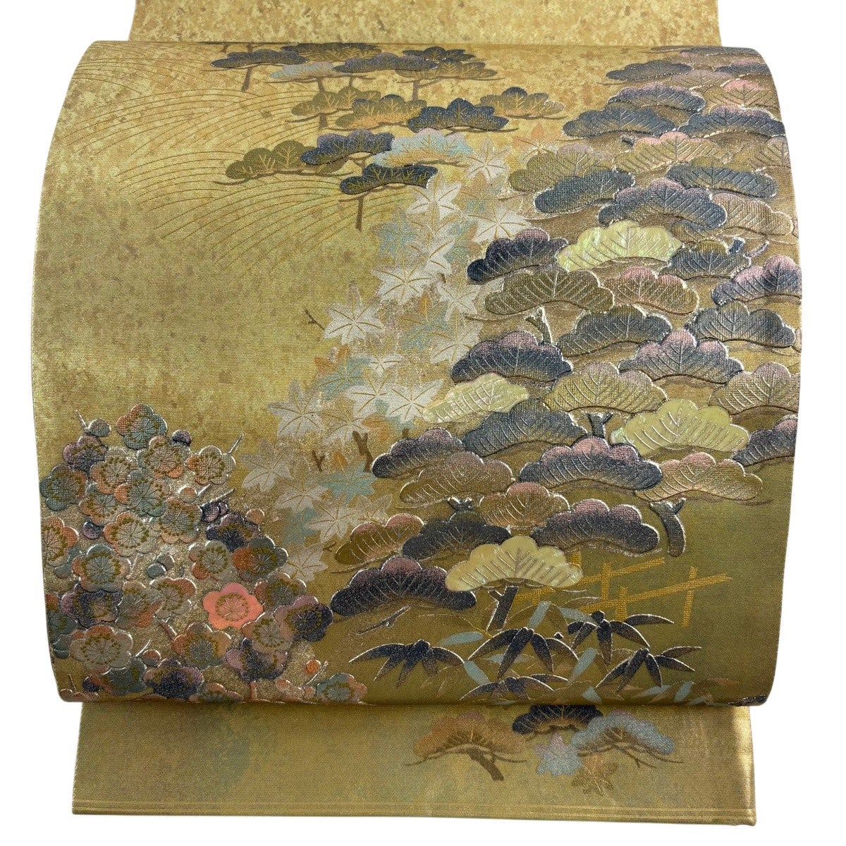 袋帯 秀品 落款あり 松竹梅 波 金銀彩 螺鈿 金色 お太鼓柄 正絹｜中古