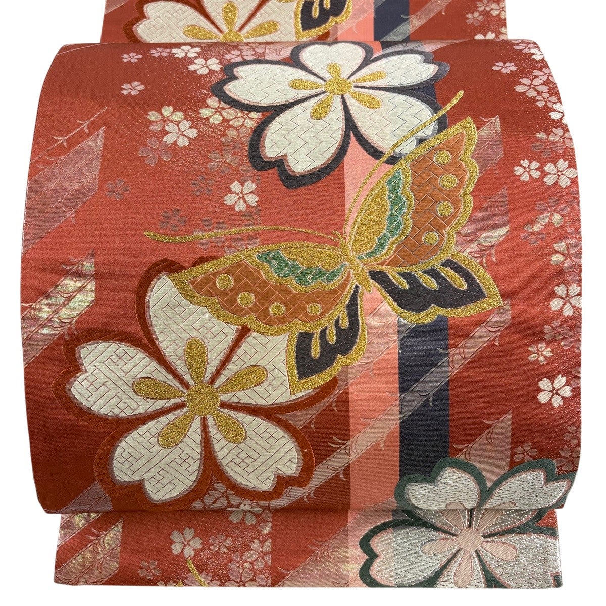 美品】 袋帯 秀品 蝶 桜 金糸 箔 朱色 全通 正絹｜中古・古着