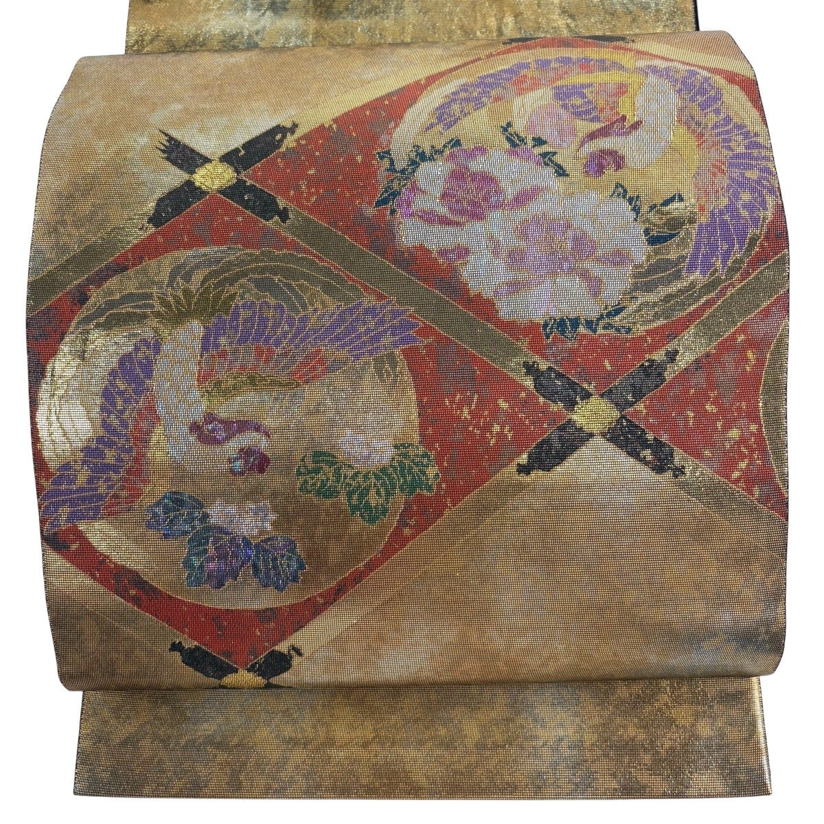 【超美品】袋帯　細かな綴れ織　宝相華　キラキラ　お太鼓柄 袋帯 秀品 草花 鳥 箔 金色 お太鼓柄 正絹｜中古・古着・リサイクル