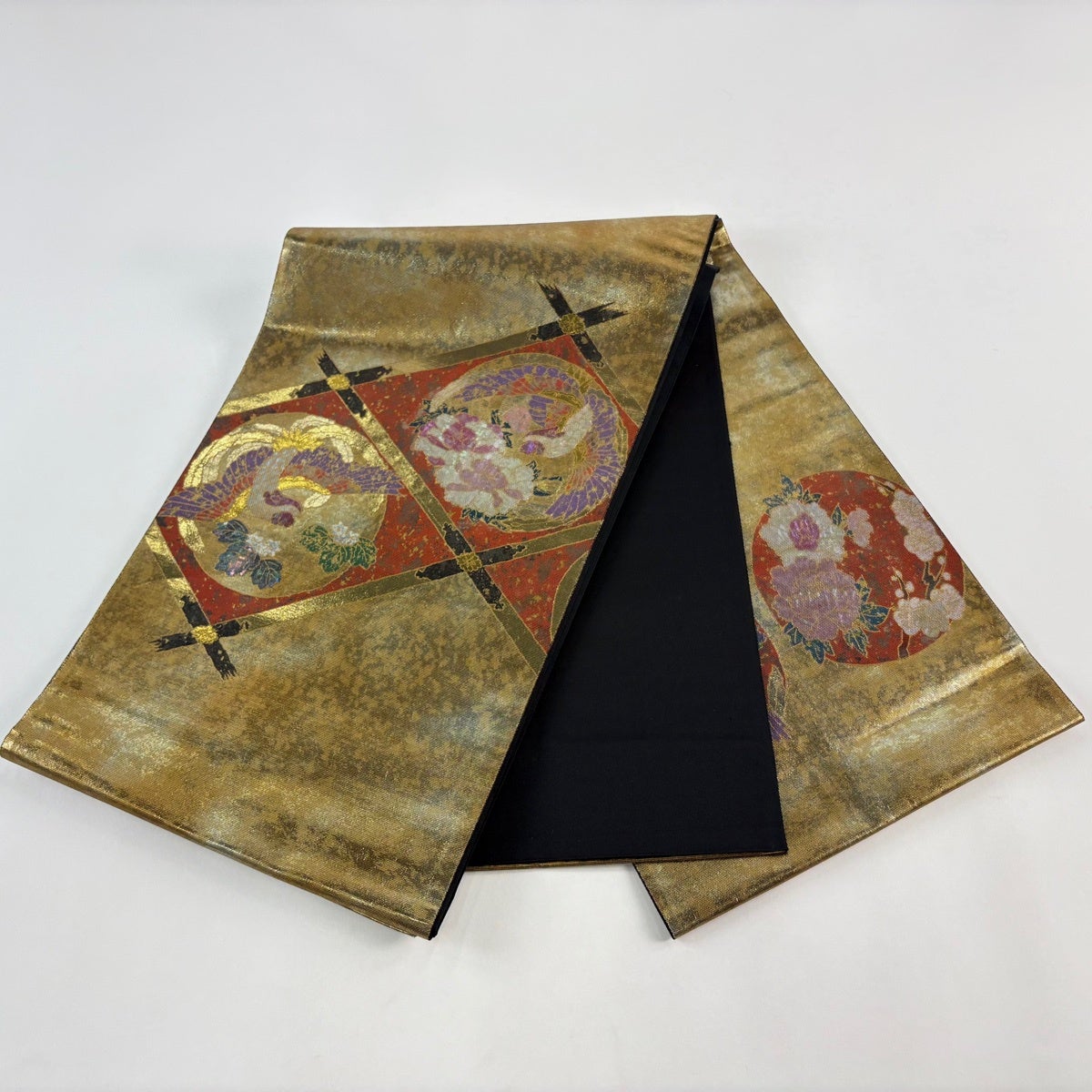 袋帯 秀品 草花 鳥 箔 金色 お太鼓柄 正絹｜中古・古着・リサイクル