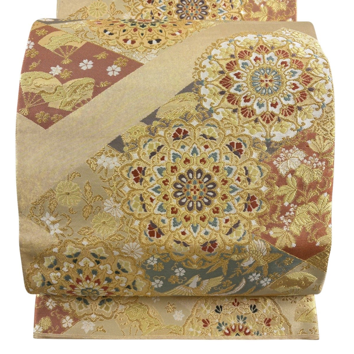 袋帯 秀品 関西仕立て 菱取唐草華文 金糸 箔 金色 六通 正絹｜中古