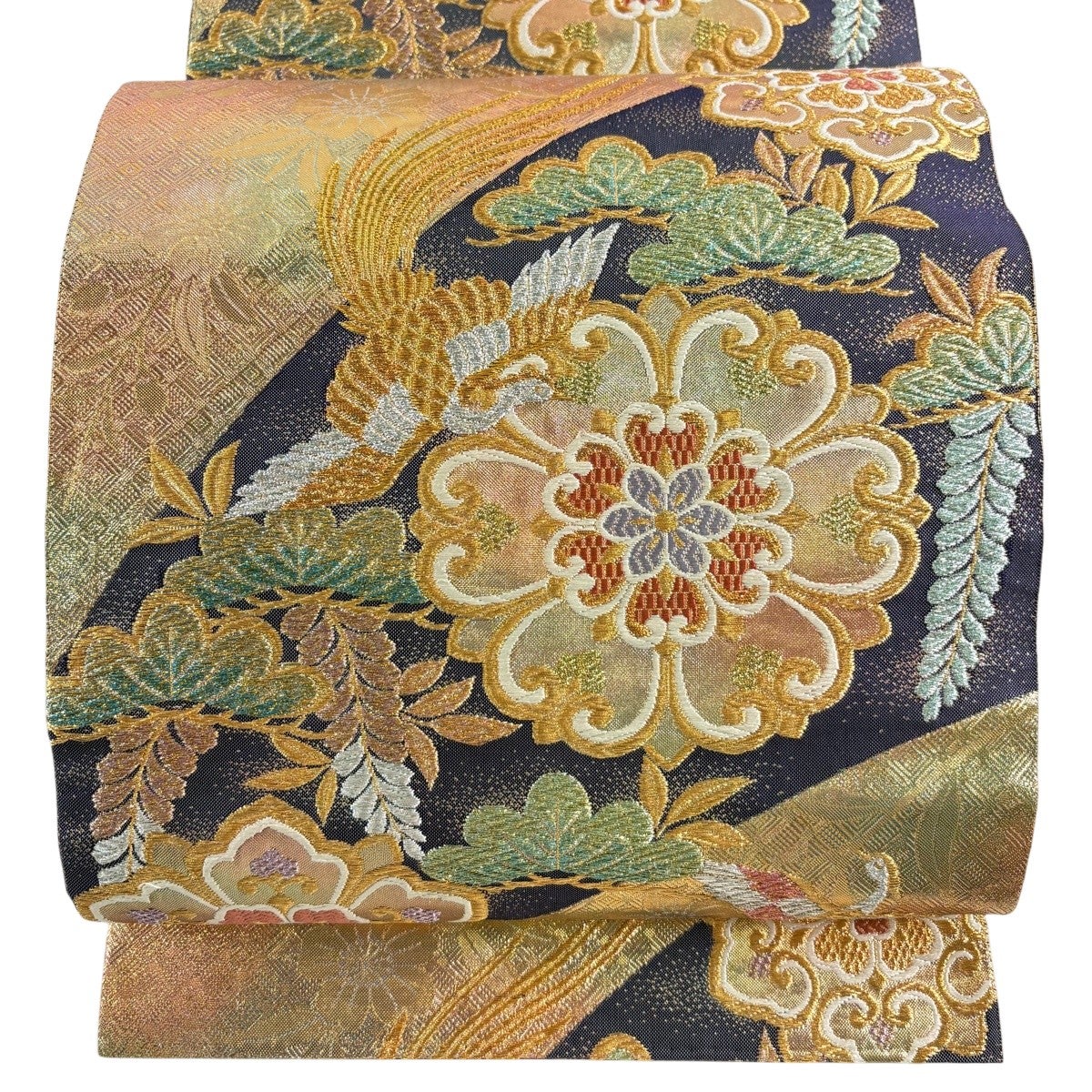 袋帯 秀品 華文 尾長鳥 金糸 箔 濃紫 六通 正絹｜中古・古着