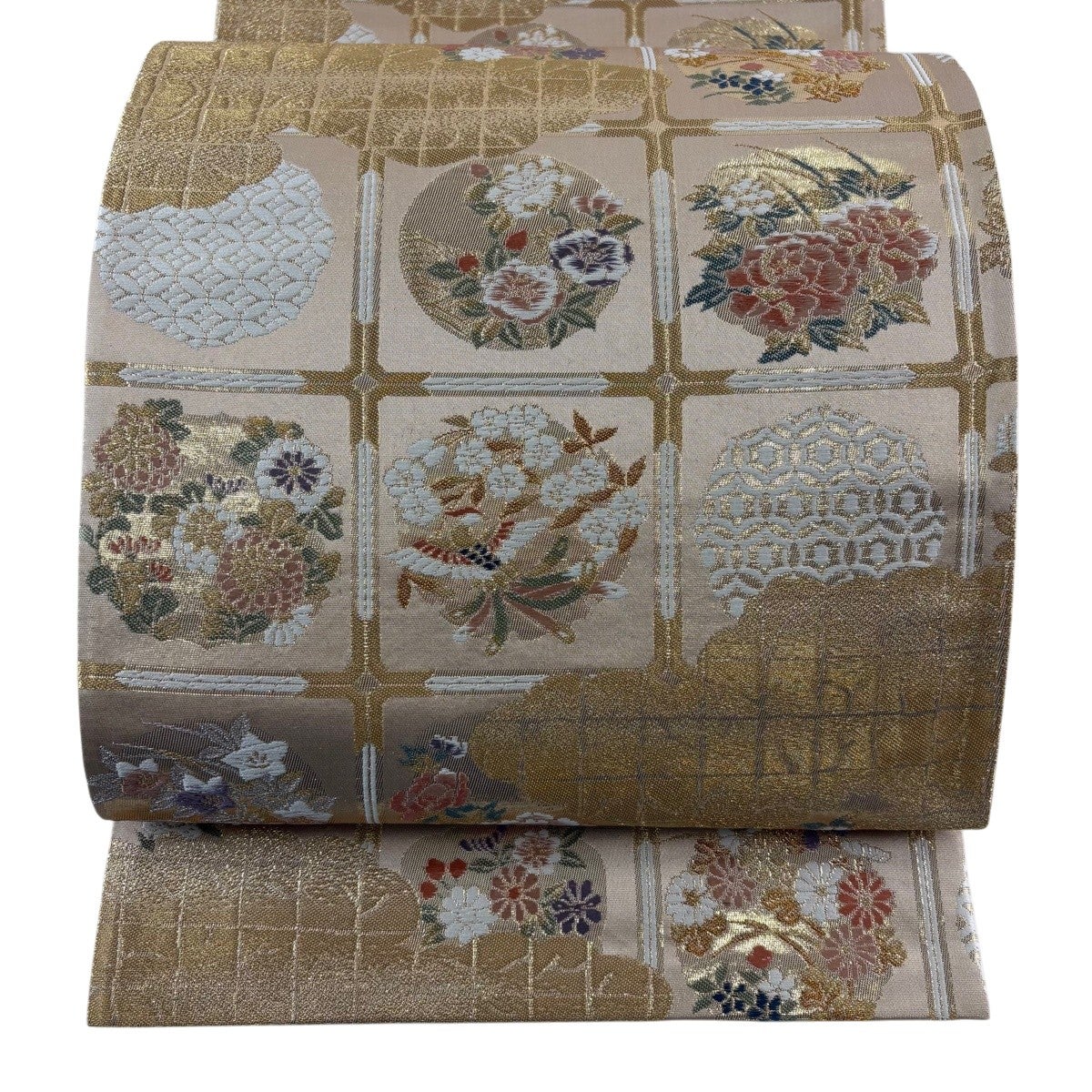 袋帯 名品 落款あり 松 鶴 螺鈿 金彩 オレンジ お太鼓柄 正絹｜中古