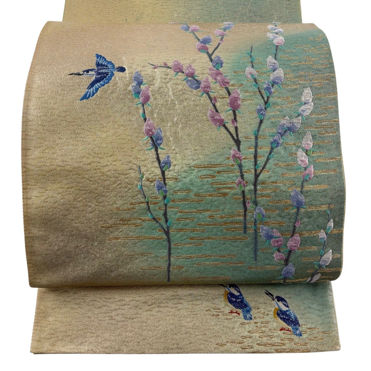 袋帯 秀品 鳥 枝花 金銀糸 刺繍 金色 お太鼓柄 正絹｜中古・古着