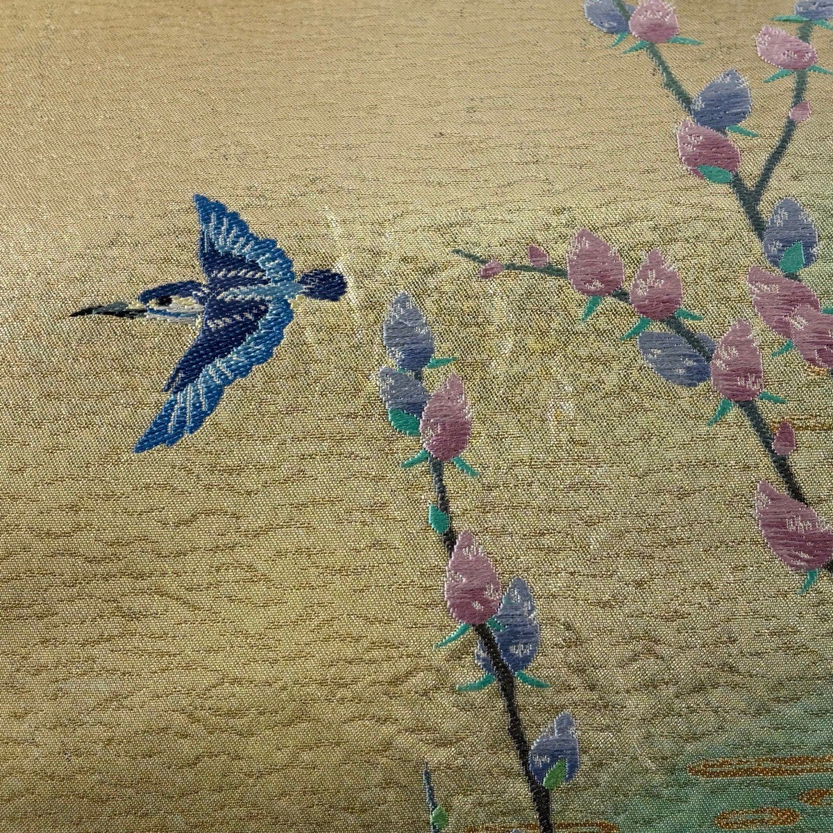 袋帯 秀品 鳥 枝花 金銀糸 刺繍 金色 お太鼓柄 正絹｜中古・古着