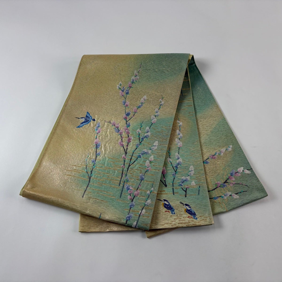 袋帯 秀品 鳥 枝花 金銀糸 刺繍 金色 お太鼓柄 正絹｜中古・古着