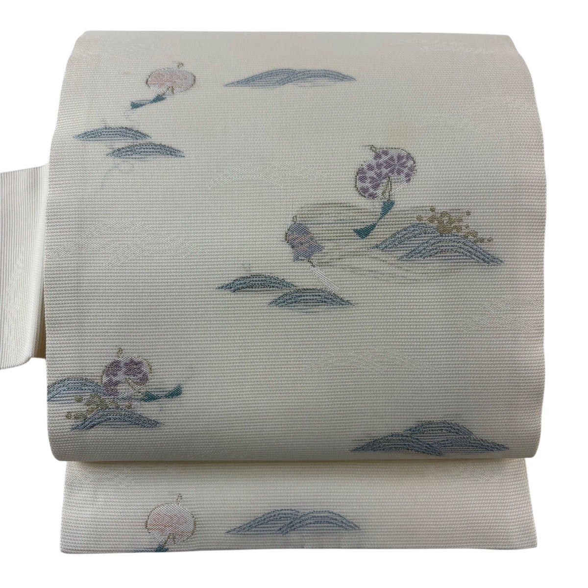 美品】 袋名古屋帯 優品 夏帯 絽 幾何学 縞 箔 クリーム 正絹｜中古