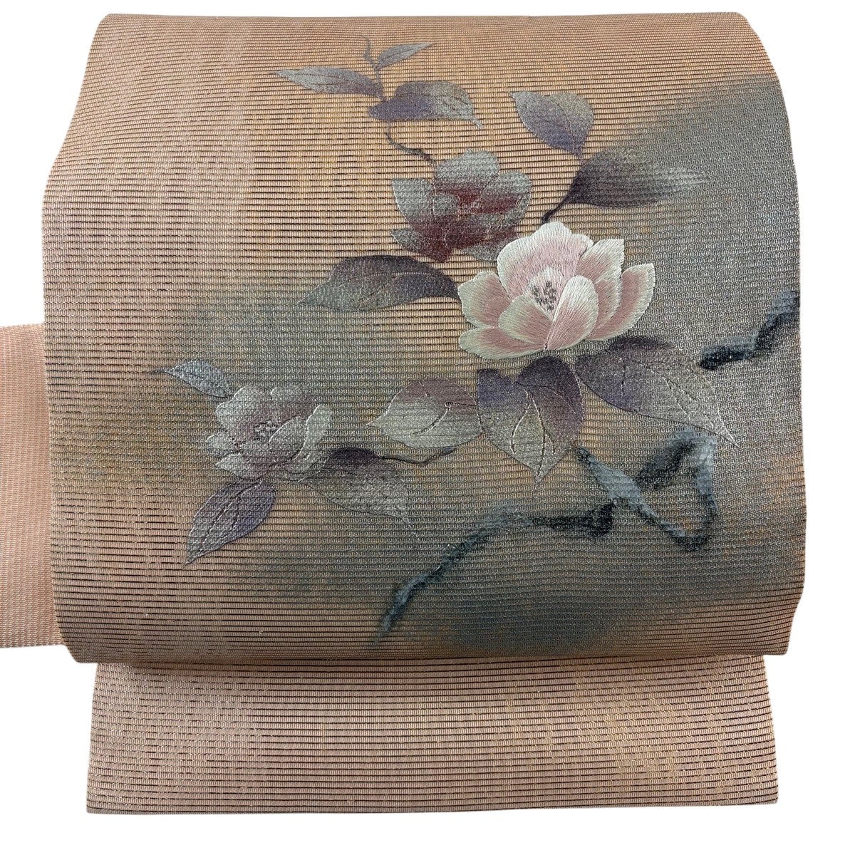 名古屋帯 秀品 夏帯 絽 草花 刺繍 金銀彩 薄オレンジ 正絹｜中古・古着