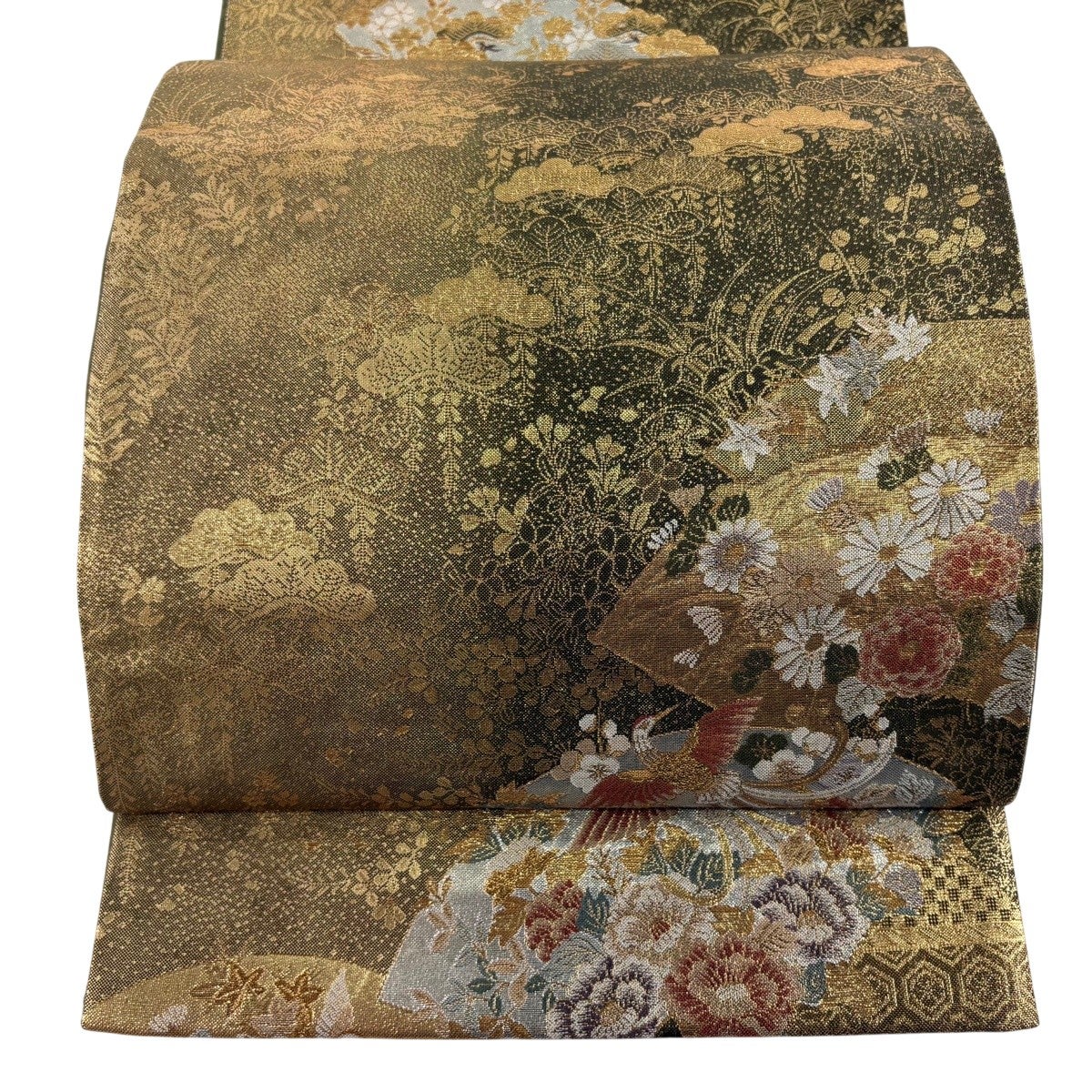 美品】 袋帯 秀品 扇面 花鳥 金糸 箔 金茶 六通 正絹｜中古・古着