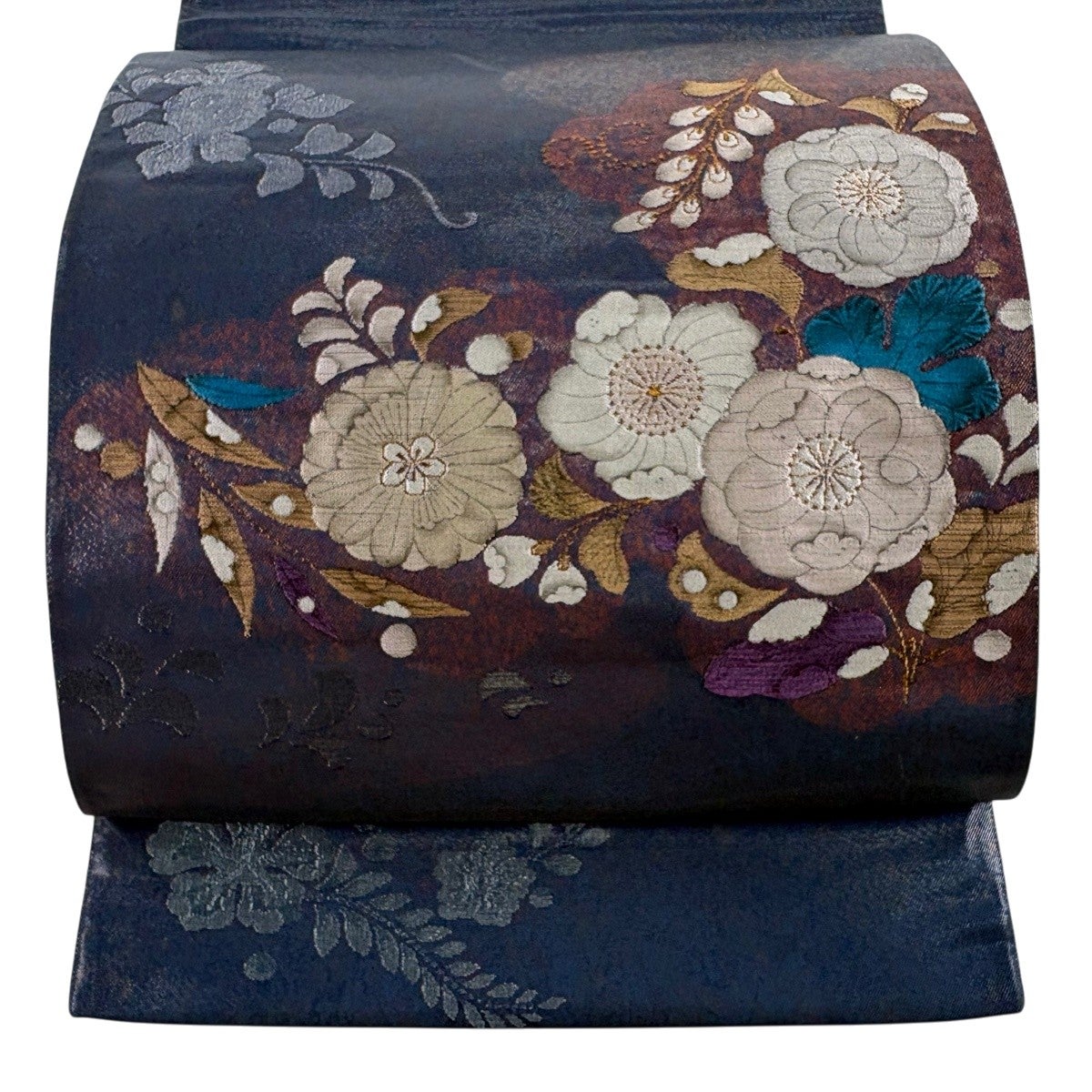 花柄付け帯 紺色 袋帯 秀品 草花 金糸 箔 紺色 お太鼓柄 正絹｜中古・古着・リサイクル