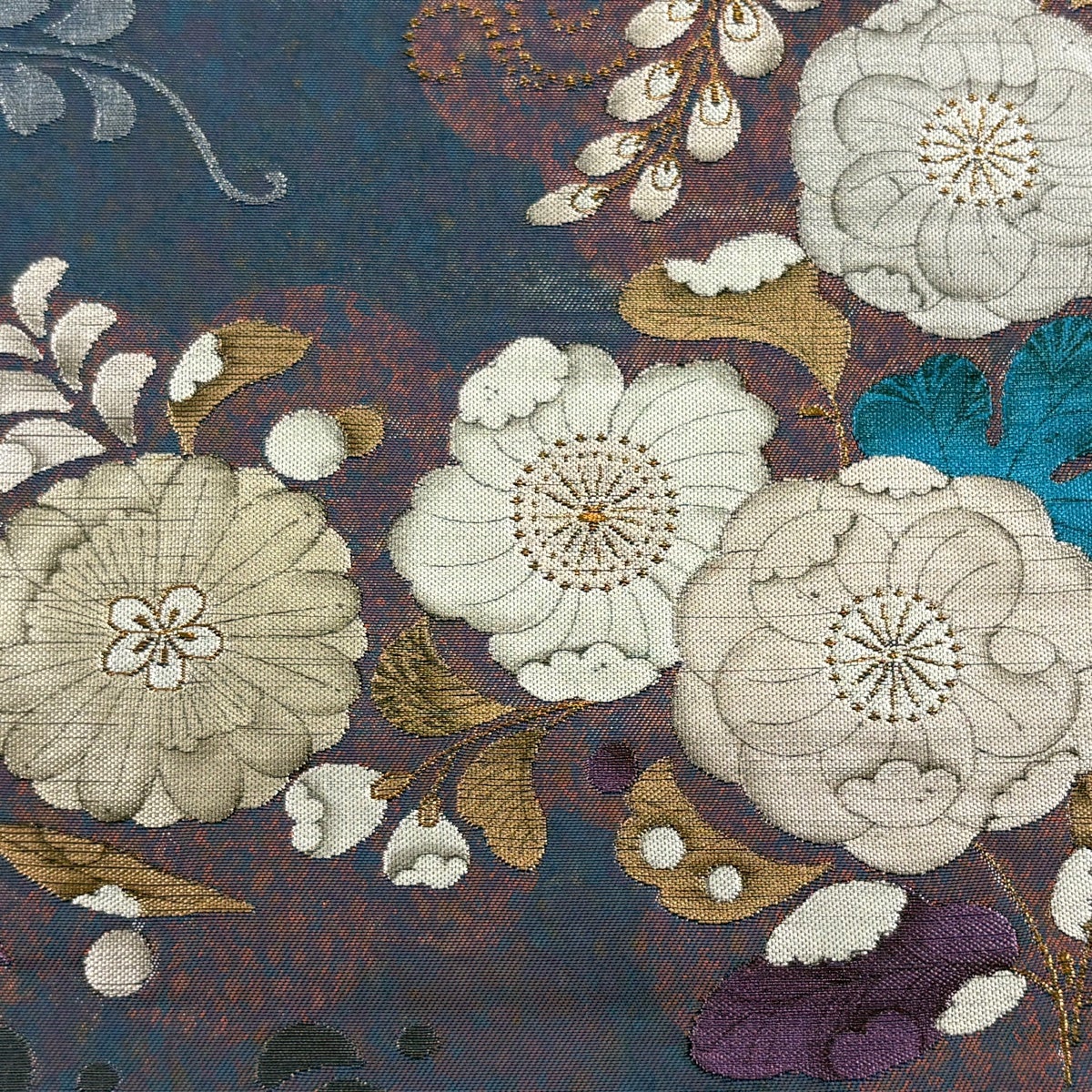 袋帯 秀品 草花 金糸 箔 紺色 お太鼓柄 正絹｜中古・古着・リサイクル