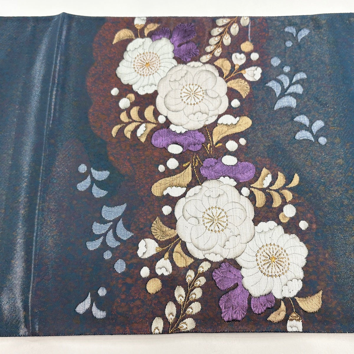 袋帯 秀品 草花 金糸 箔 紺色 お太鼓柄 正絹｜中古・古着・リサイクル