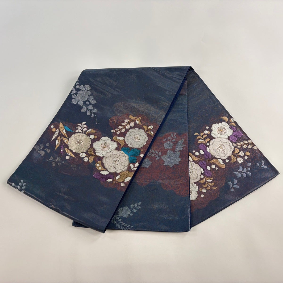 袋帯 秀品 草花 金糸 箔 紺色 お太鼓柄 正絹｜中古・古着・リサイクル