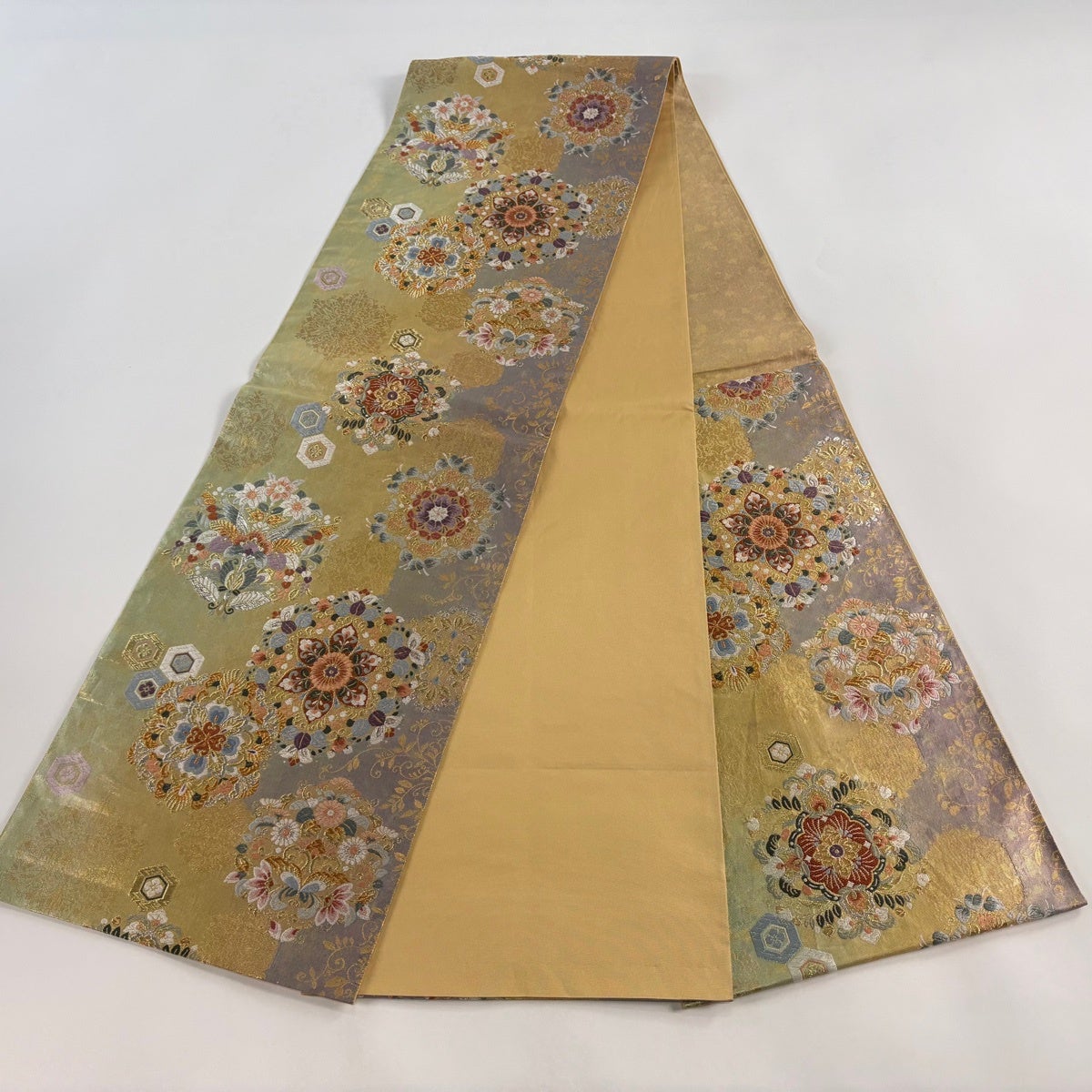 美品】 袋帯 秀品 華文 亀甲 金銀糸 箔 金色 六通 正絹｜中古・古着