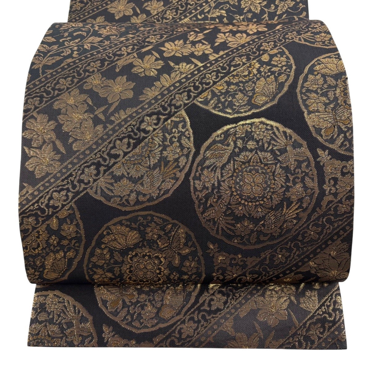 美品】 袋帯 秀品 向かい鳥 花唐草 金糸 箔 灰紫 六通 正絹｜中古