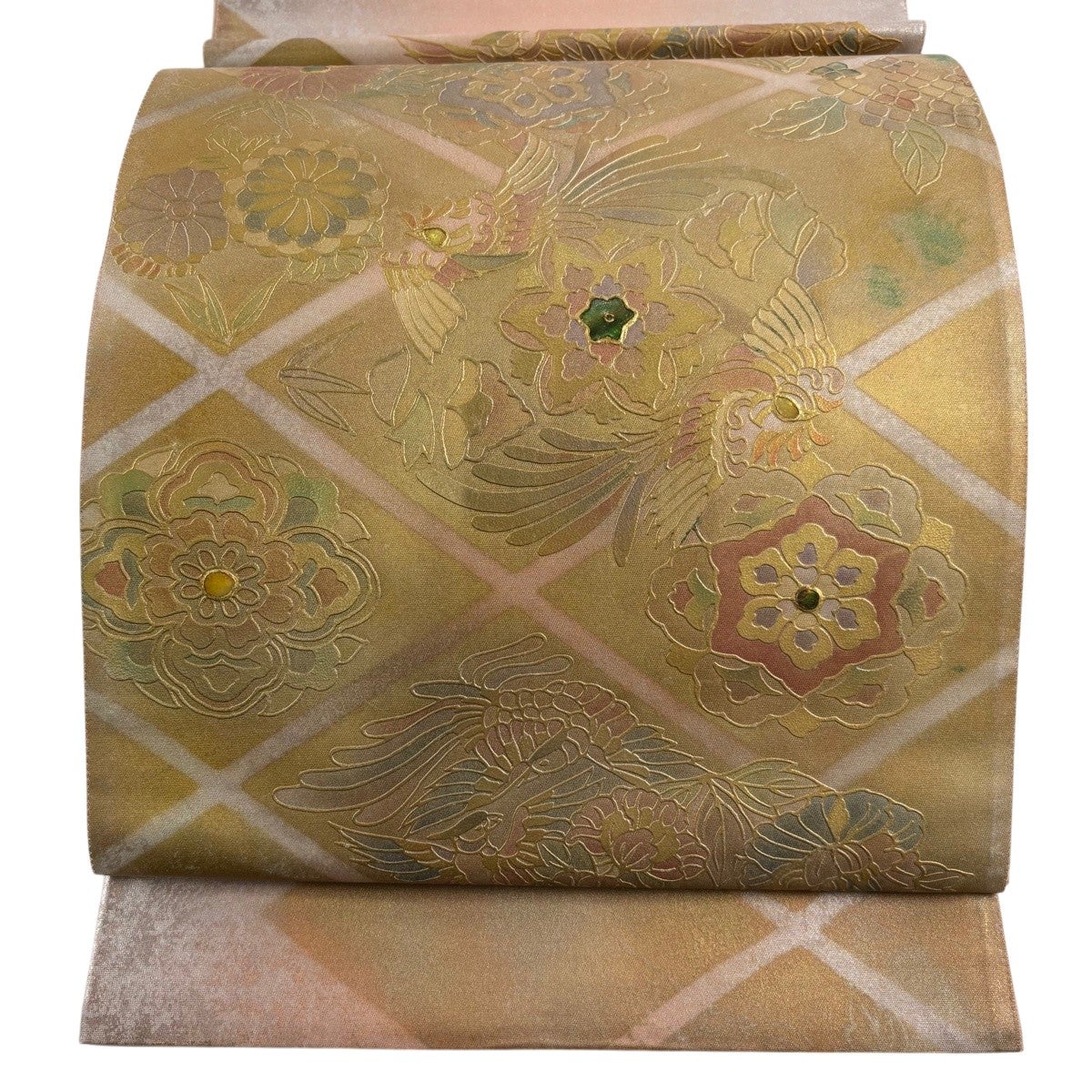 袋帯 秀品 花丸文 鳥 金銀彩 箔 金色 お太鼓柄 正絹｜中古・古着