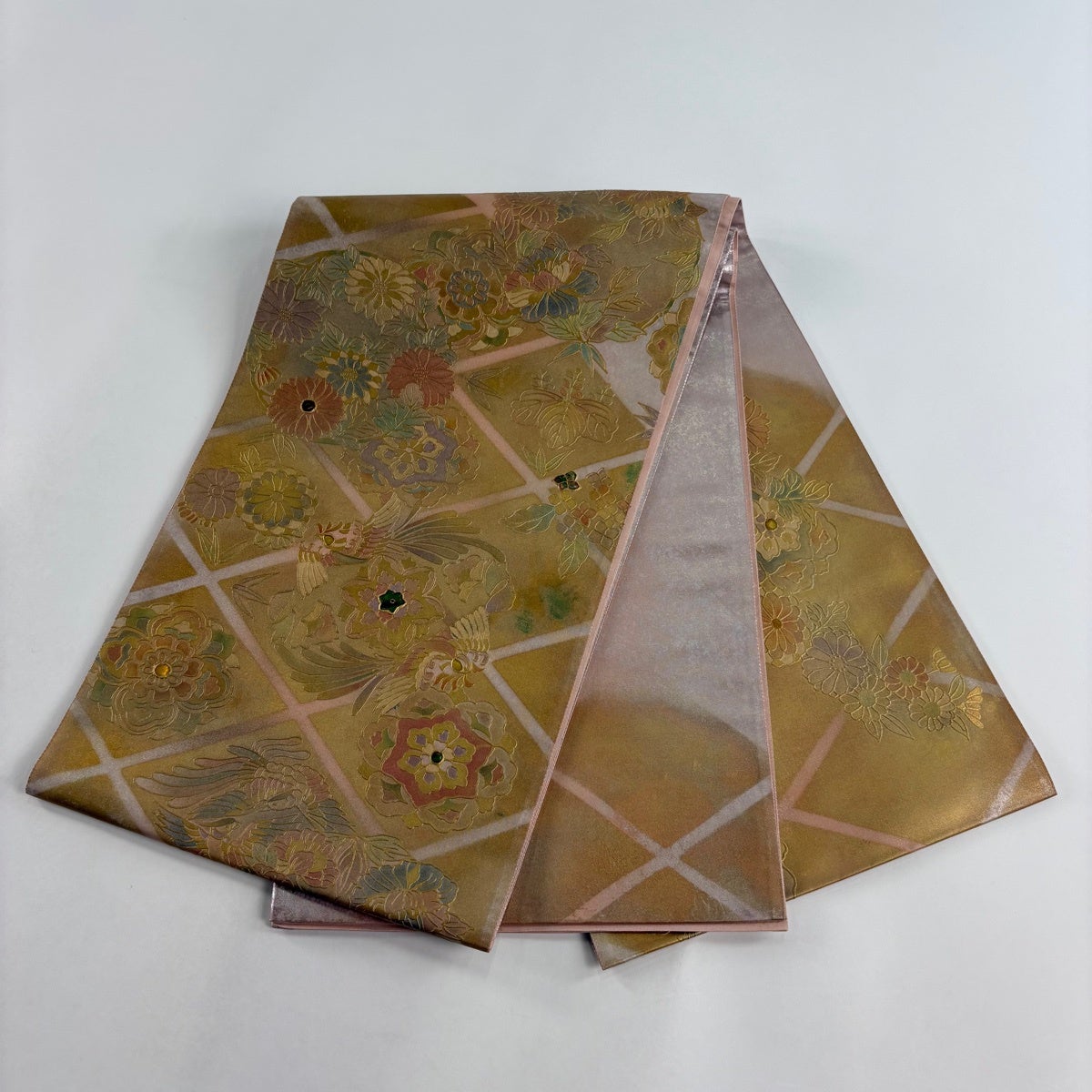袋帯 秀品 花丸文 鳥 金銀彩 箔 金色 お太鼓柄 正絹｜中古・古着