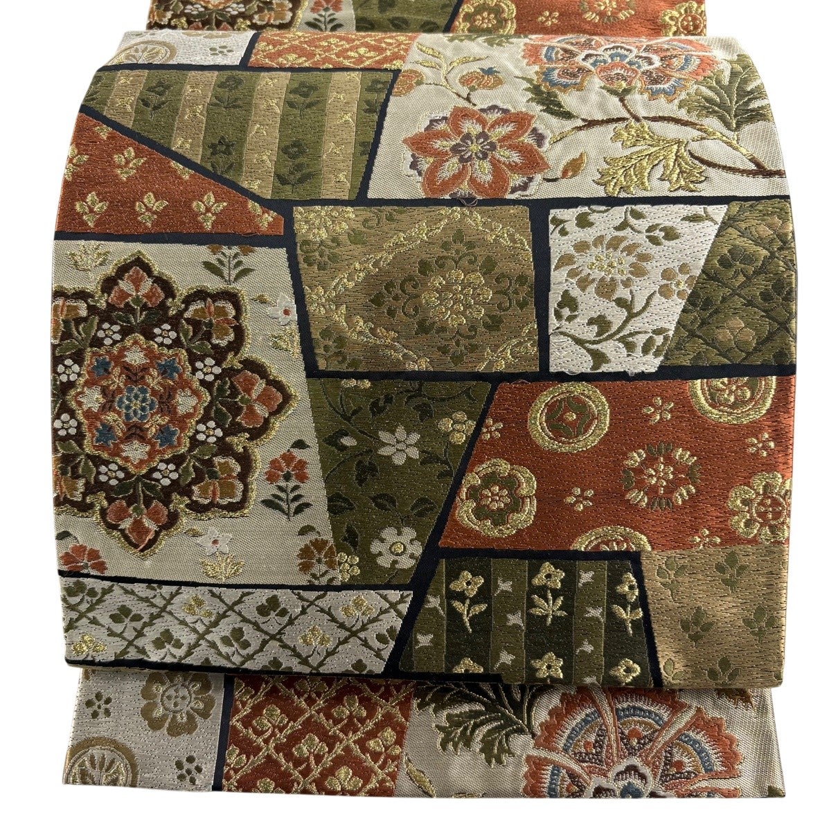 美品】 袋帯 名品 幾何学 花 銀糸 青灰色 六通 正絹｜中古・古着