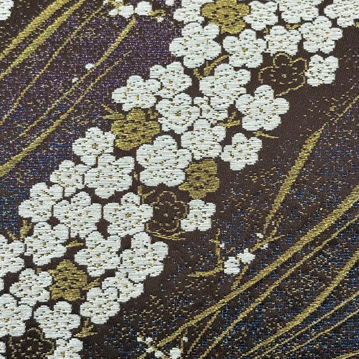 美品】 袋帯 秀品 梅 幾何学模様 金糸 箔 焦茶色 六通 正絹｜中古