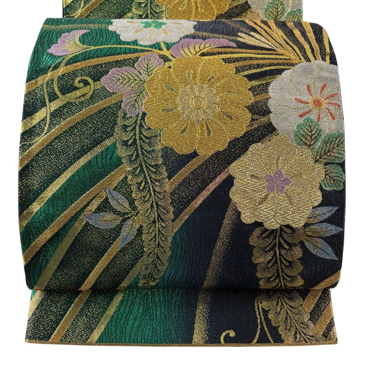 美品】 袋帯 秀品 草花 若松 金銀糸 箔 緑 六通 正絹｜中古・古着