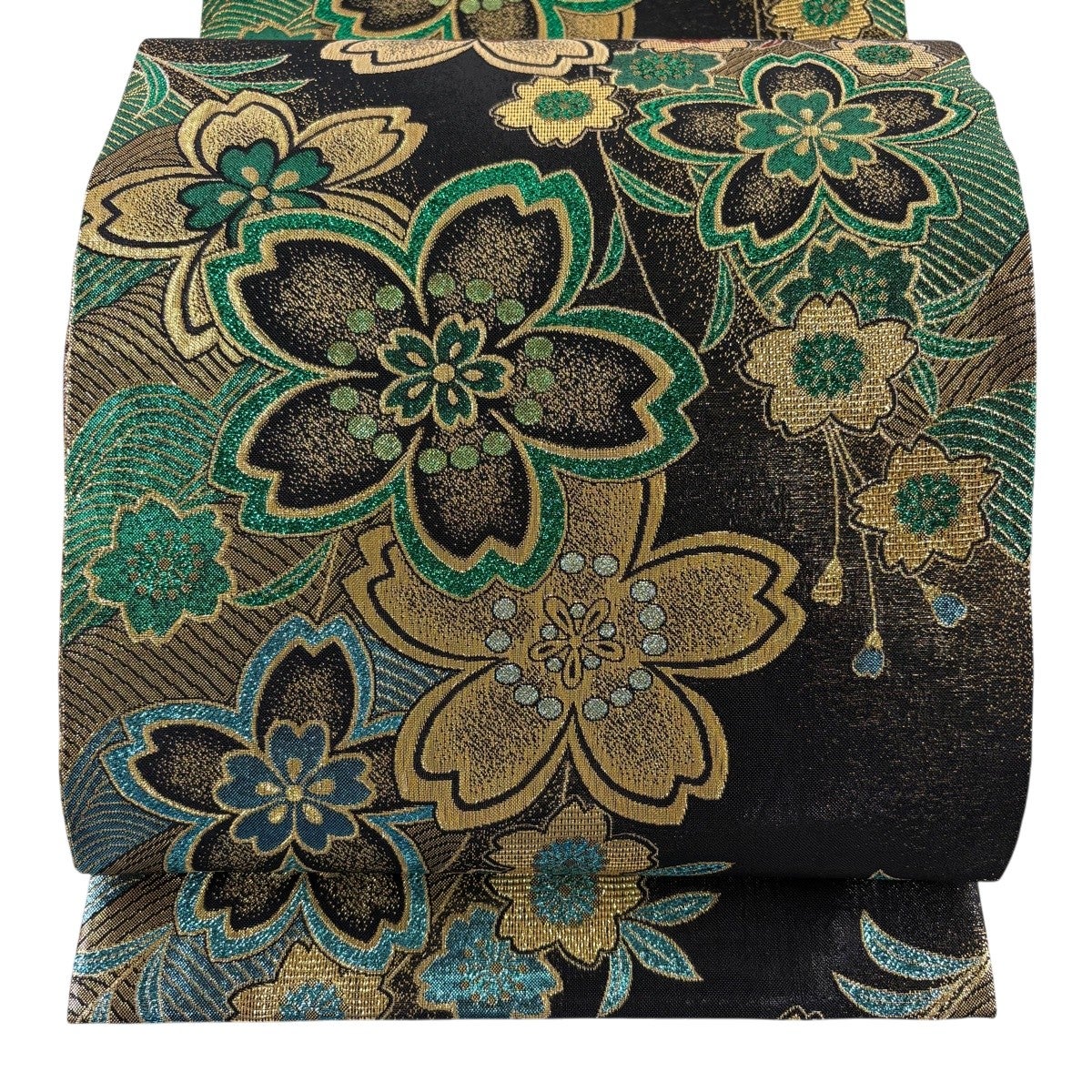美品】 袋帯 秀品 粋聖 振袖向き 桜 金糸 箔 黒 六通 正絹｜中古・古着