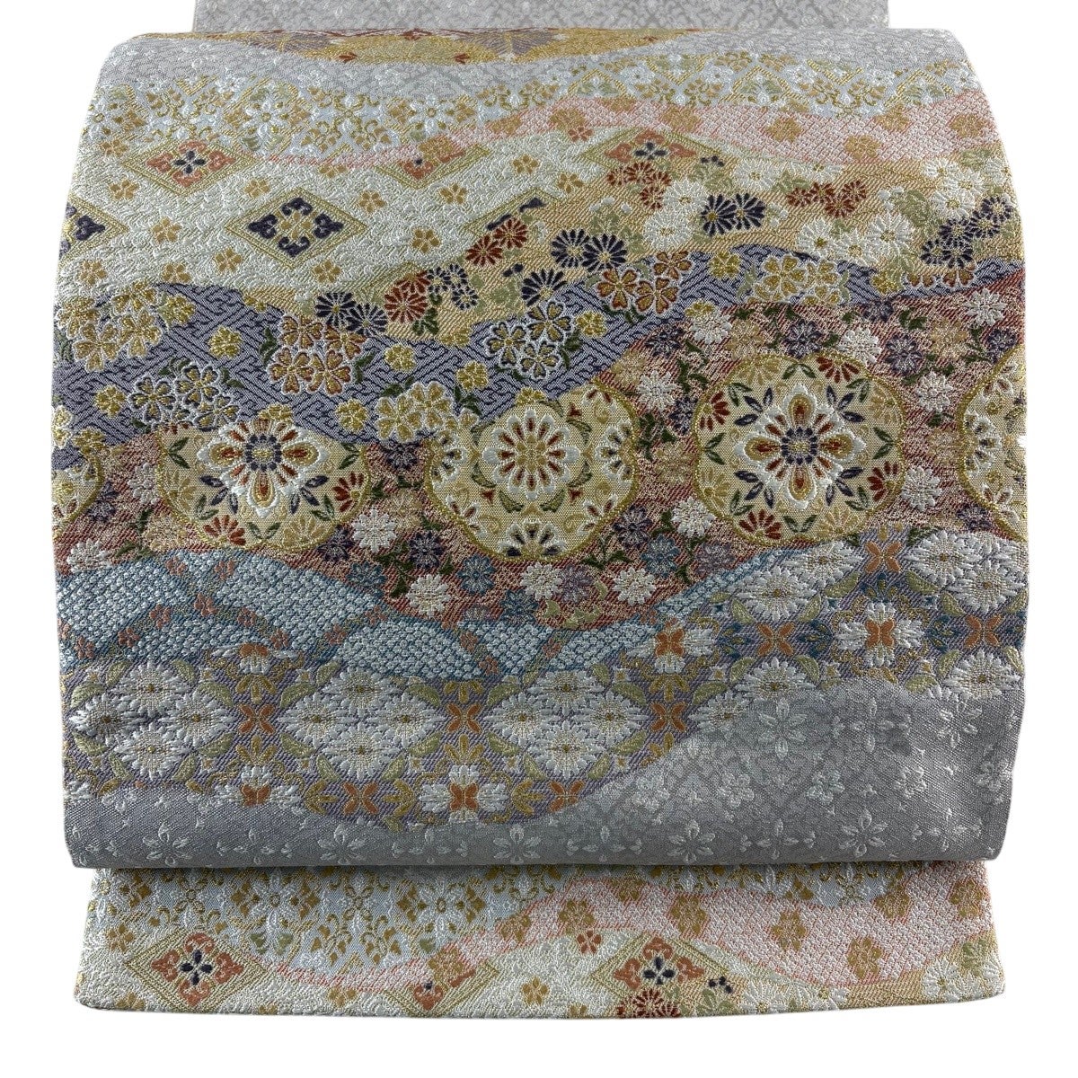 袋帯 秀品 紹巴織 華文 草花 金糸 灰色 六通 正絹｜中古・古着