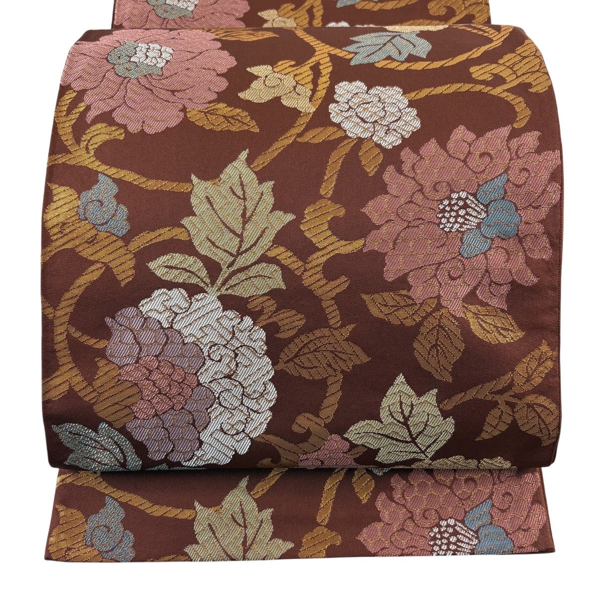 袋帯 名品 向鶴菱 牡丹唐草 金糸 黒 六通 正絹｜中古・古着