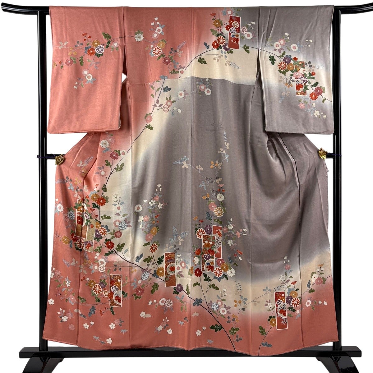 訪問着 身丈156cm 裄丈62cm S 袷 短冊 菊 金彩 ぼかし ピンク 正絹 秀
