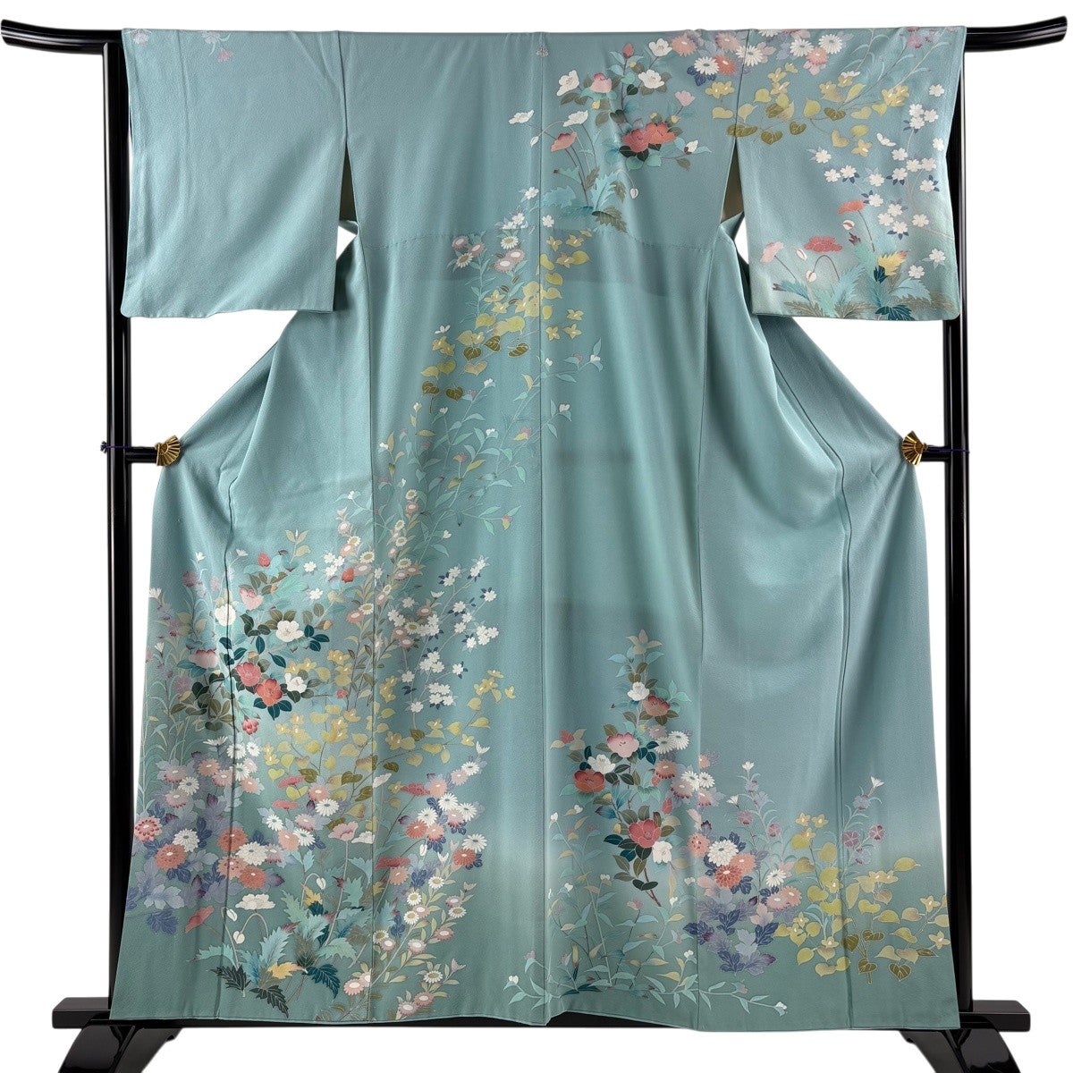 訪問着 身丈159.5cm 裄丈65cm M 袷 椿 菊 ぼかし 水色 正絹 秀品 一つ