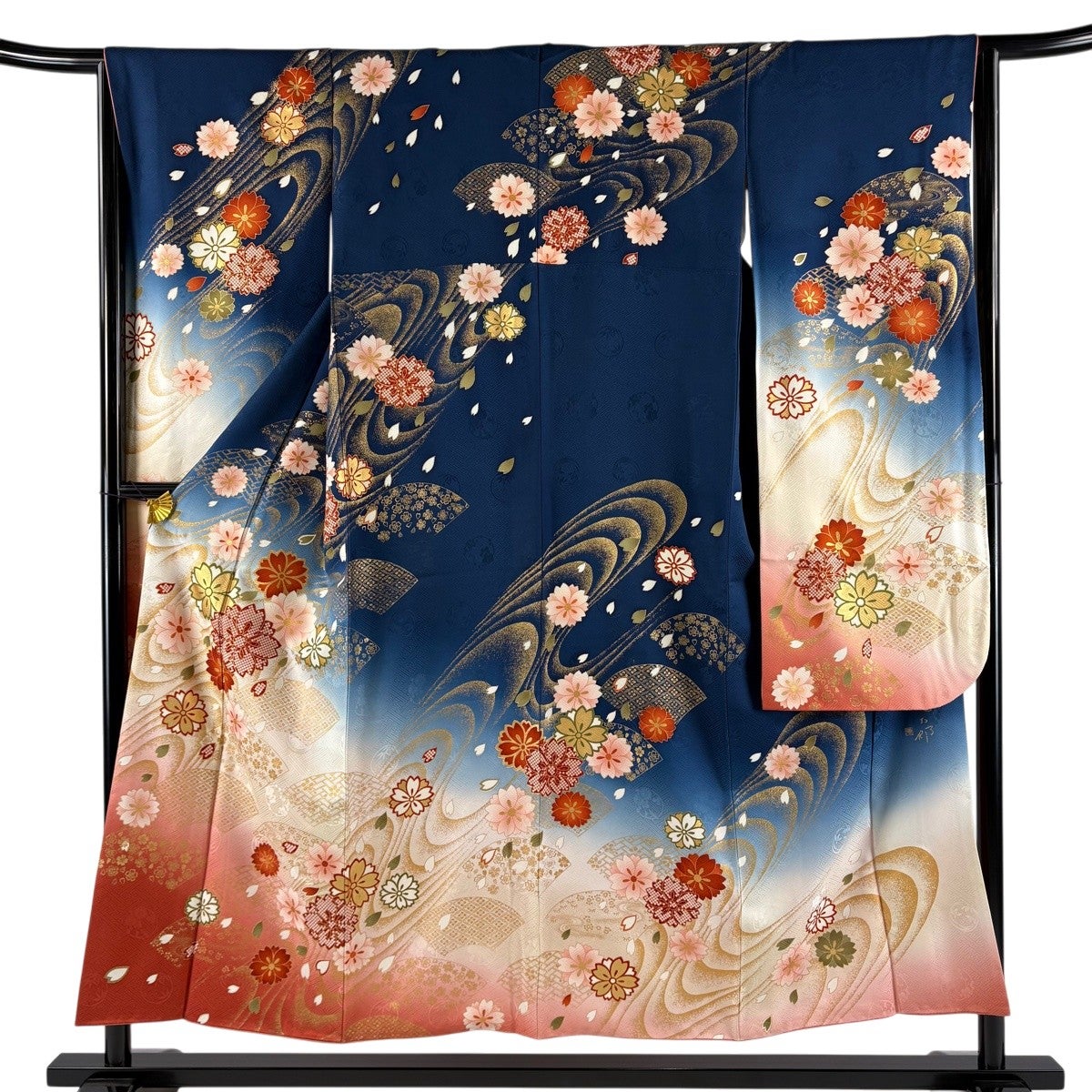 振袖 身丈151.5cm 裄丈64cm M 袷 やまと 落款あり 桜 扇面 金彩 ぼかし