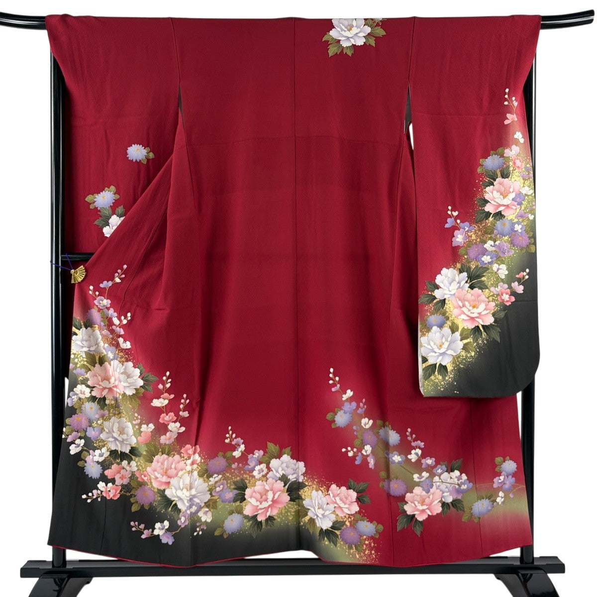 振袖 身丈154cm 裄丈66.5cm M 袷 牡丹 枝花 金彩 染分け 赤 正絹 秀品