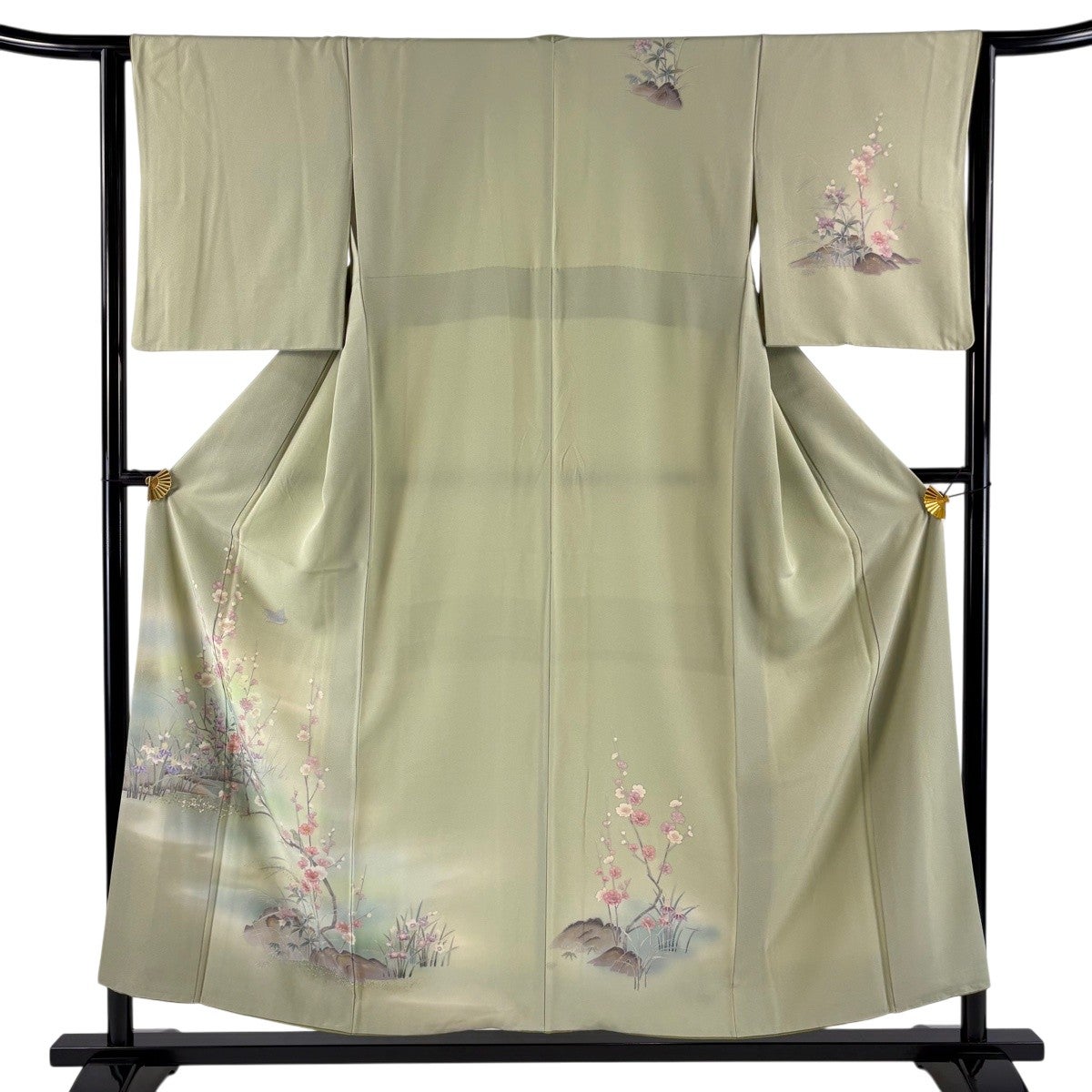 付下げ 身丈155cm 裄丈62.5cm S 袷 枝花 鳥 金銀彩 ぼかし 薄緑 正絹
