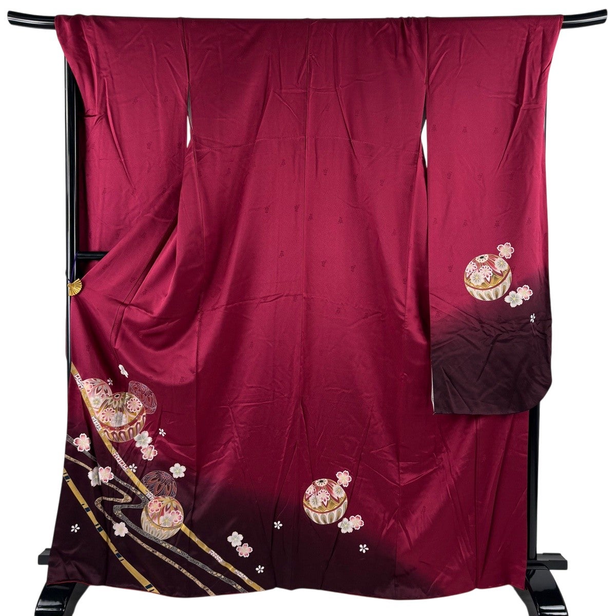 振袖 身丈167cm 裄丈71.5cm L 袷 手鞠 桜 金彩 ぼかし 赤紫 正絹 秀品
