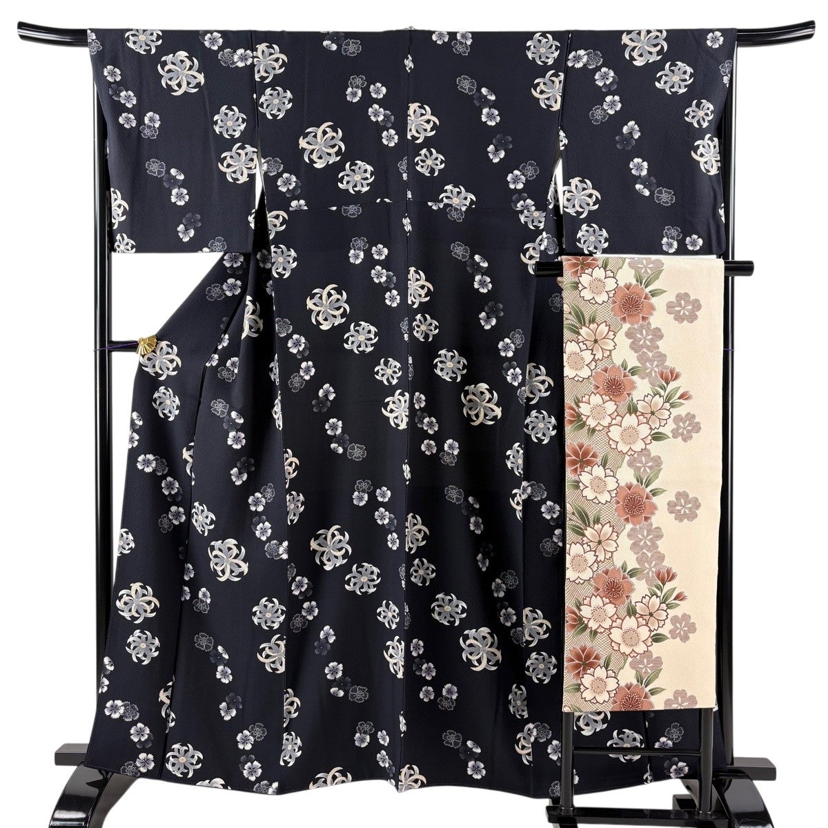 美品】 小紋 身丈162cm 裄丈67cm M 袷 名古屋帯セット 花 墨色 正絹 秀