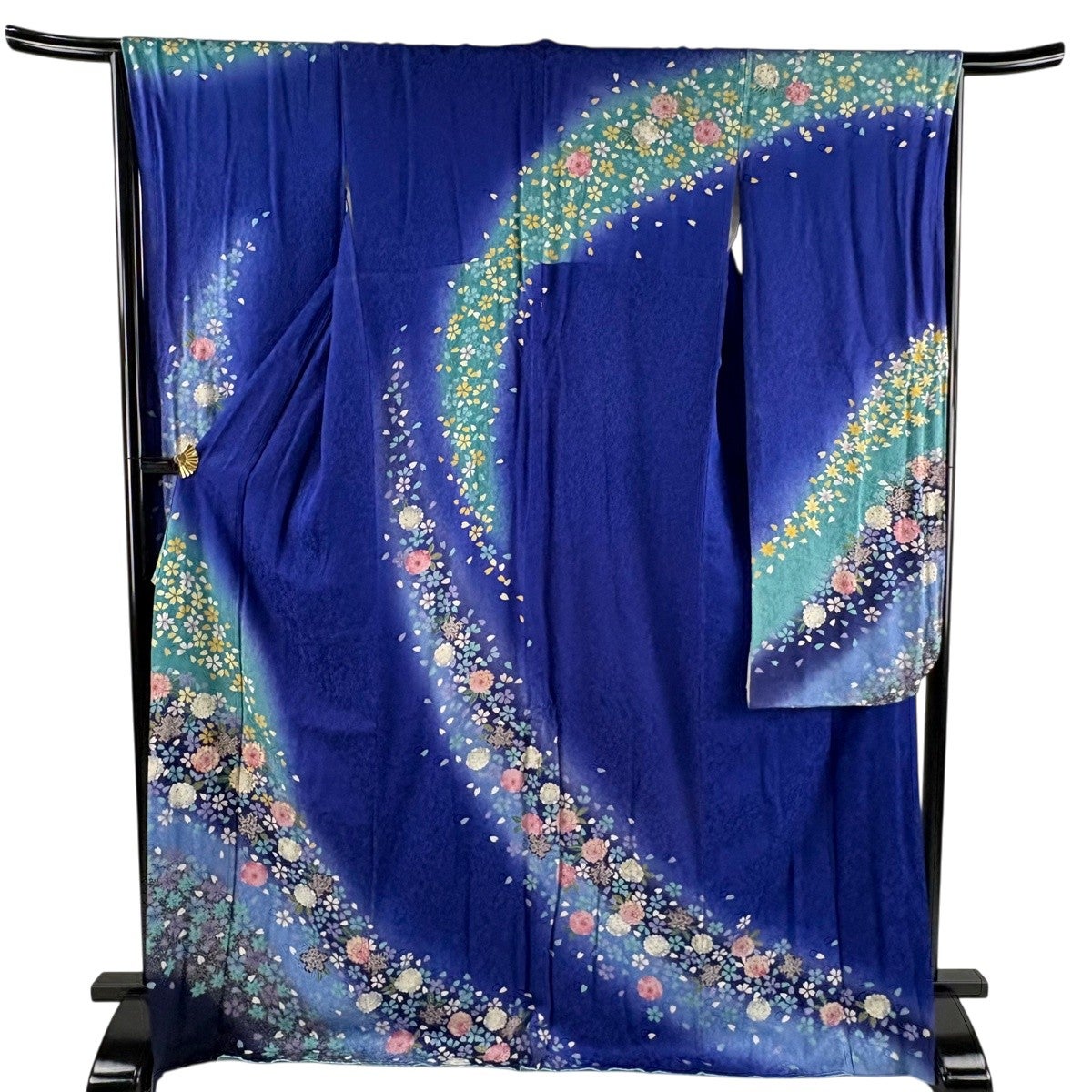 青色グラデーションの伝統的和装セット 振袖 身丈161cm 裄丈68cm L 袷 貝合わせ 桜 箔 金彩 青 正絹 秀品