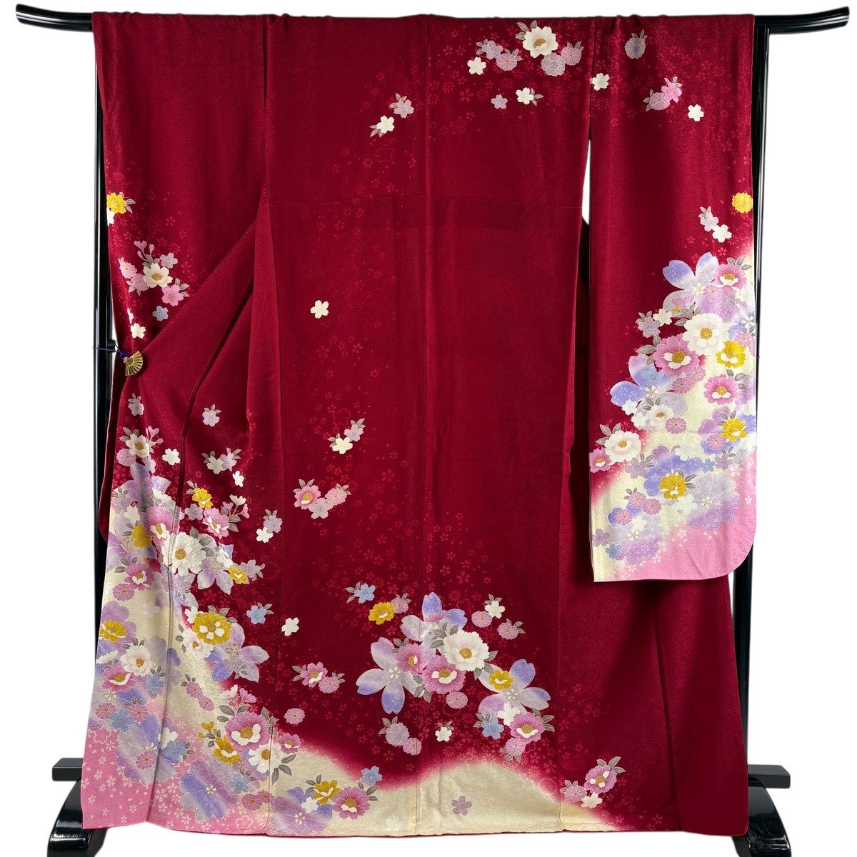 振袖 身丈169.5cm 裄丈68.5cm L 袷 桜 草花 金彩 染め分け 赤 正絹