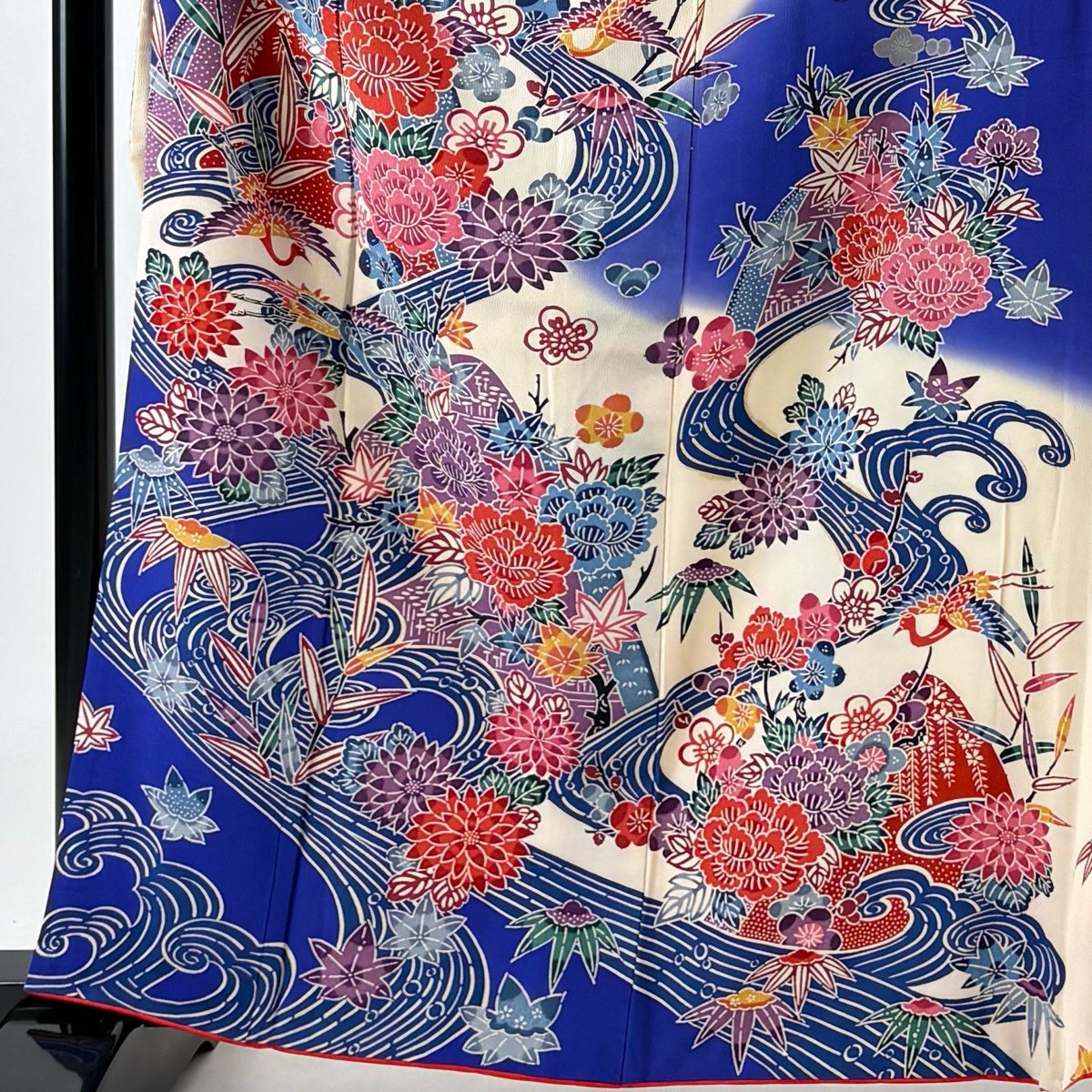 振袖 身丈162cm 裄丈67.5cm L 袷 花鳥 流水 染め分け 青紫 正絹 名品