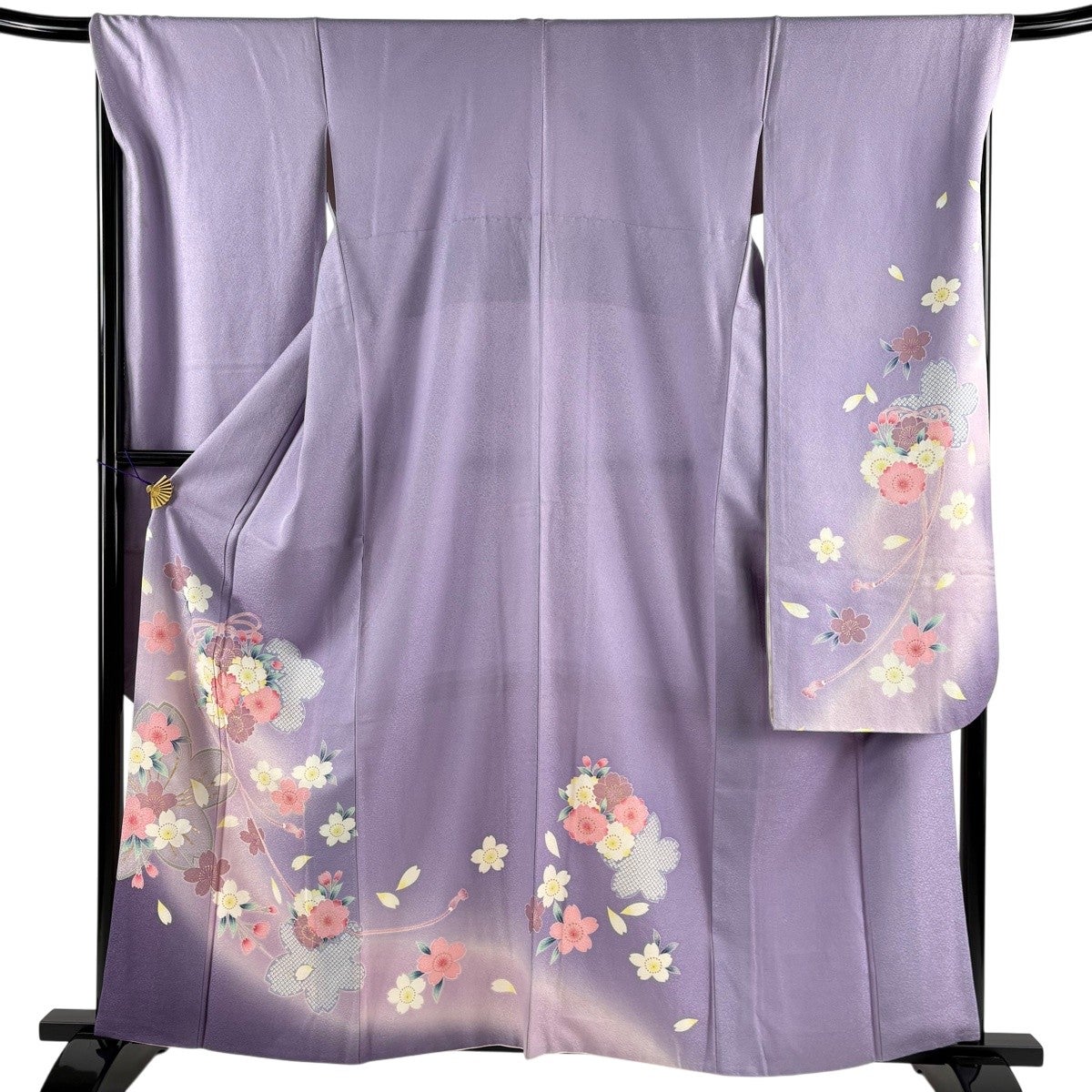 振袖 身丈162cm 裄丈69cm L 袷 桜 組紐 金糸 金彩 薄紫 正絹 秀品