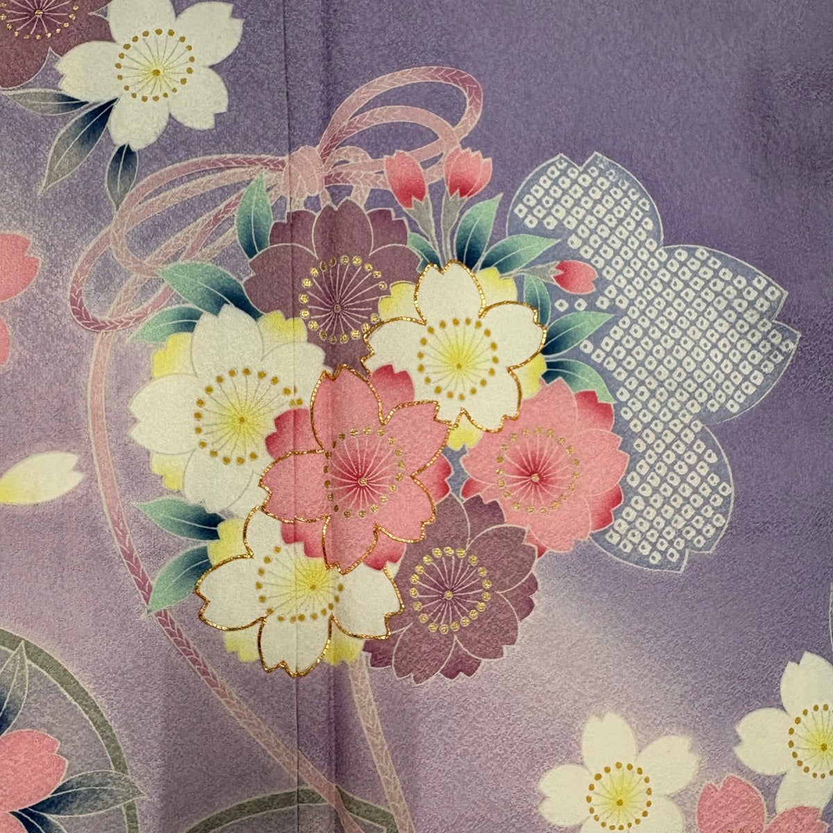 振袖 身丈162cm 裄丈69cm L 袷 桜 組紐 金糸 金彩 薄紫 正絹 秀品