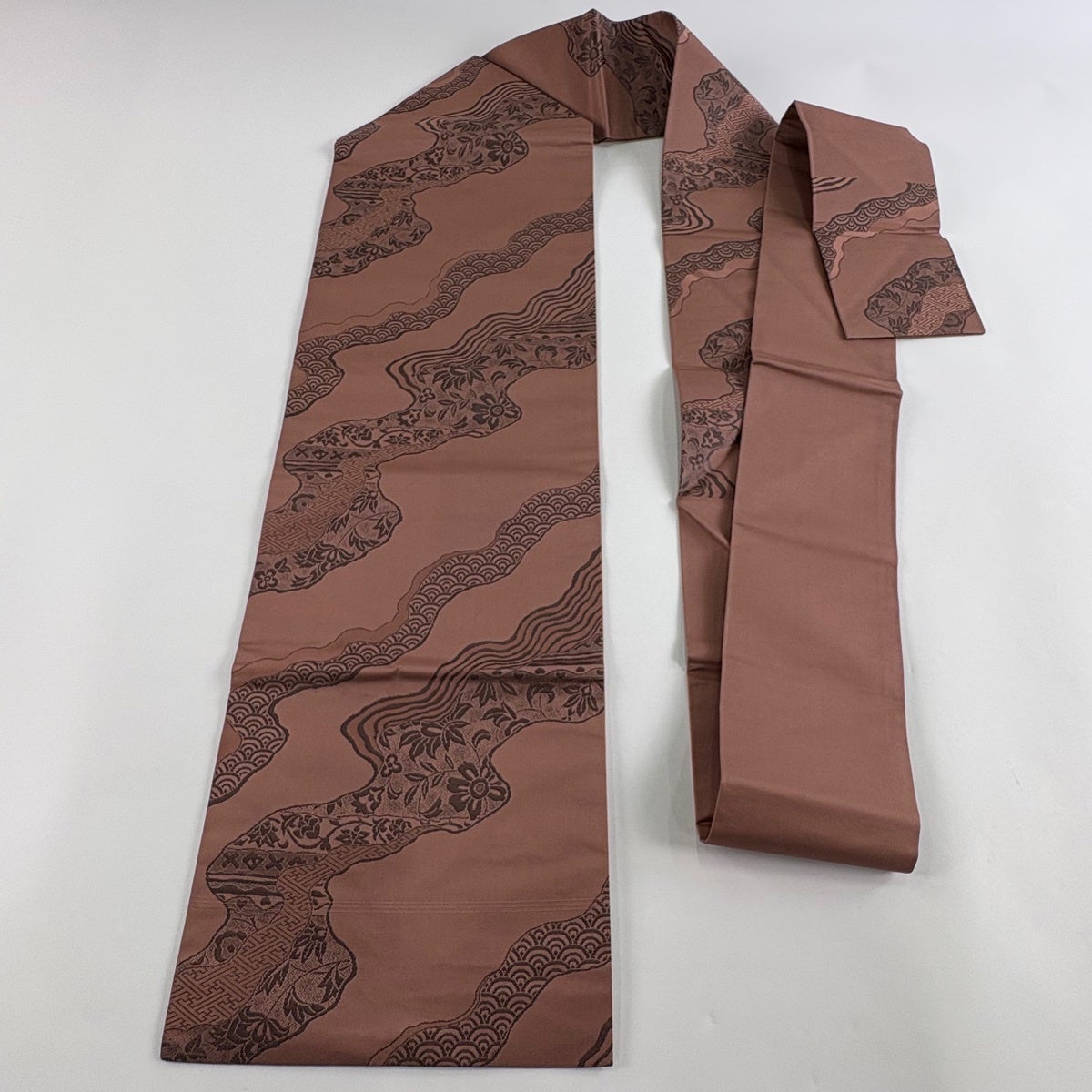 美品】 名古屋帯 優品 草花 青海波 箔 薄小豆 正絹｜中古・古着