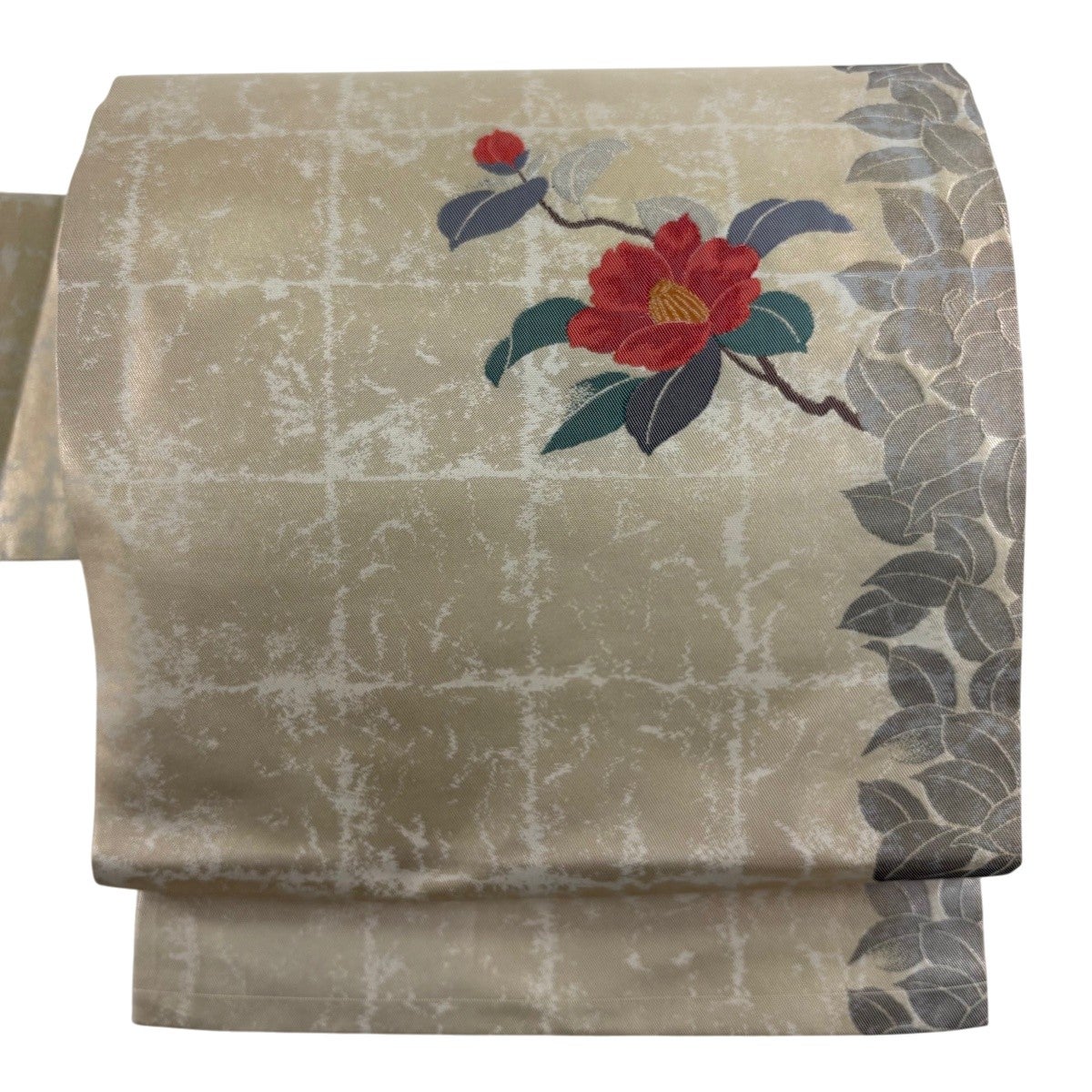 美品】 名古屋帯 優品 関西仕立て 椿 格子 金糸 箔 金色 正絹｜中古